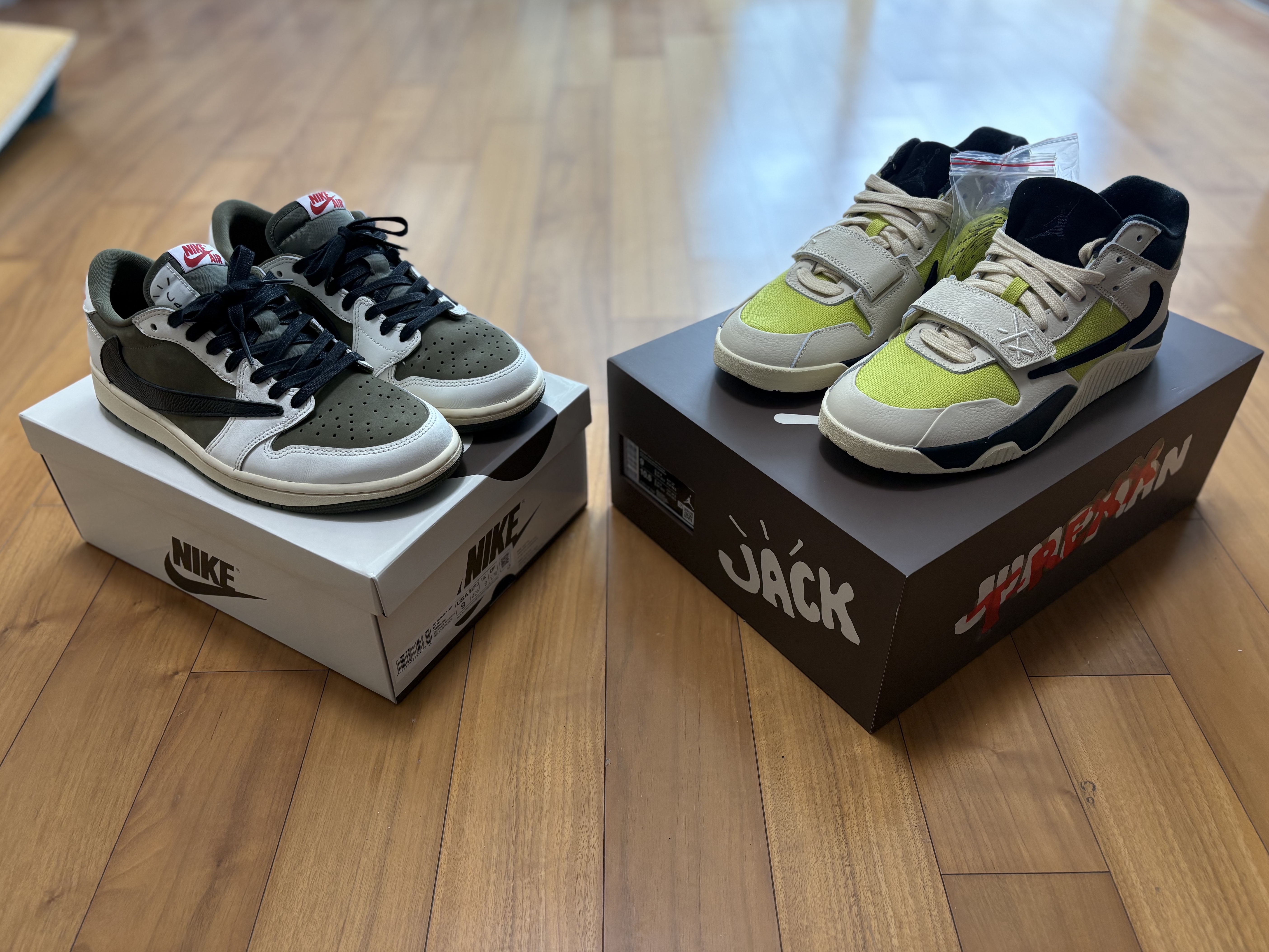 Jordan x Travis Scott Jumpman Jack TR Bright Cactus, Jordan 1 x Travis Scott Retro Low OG SP Reverse Olive 착용 스타일 - 3