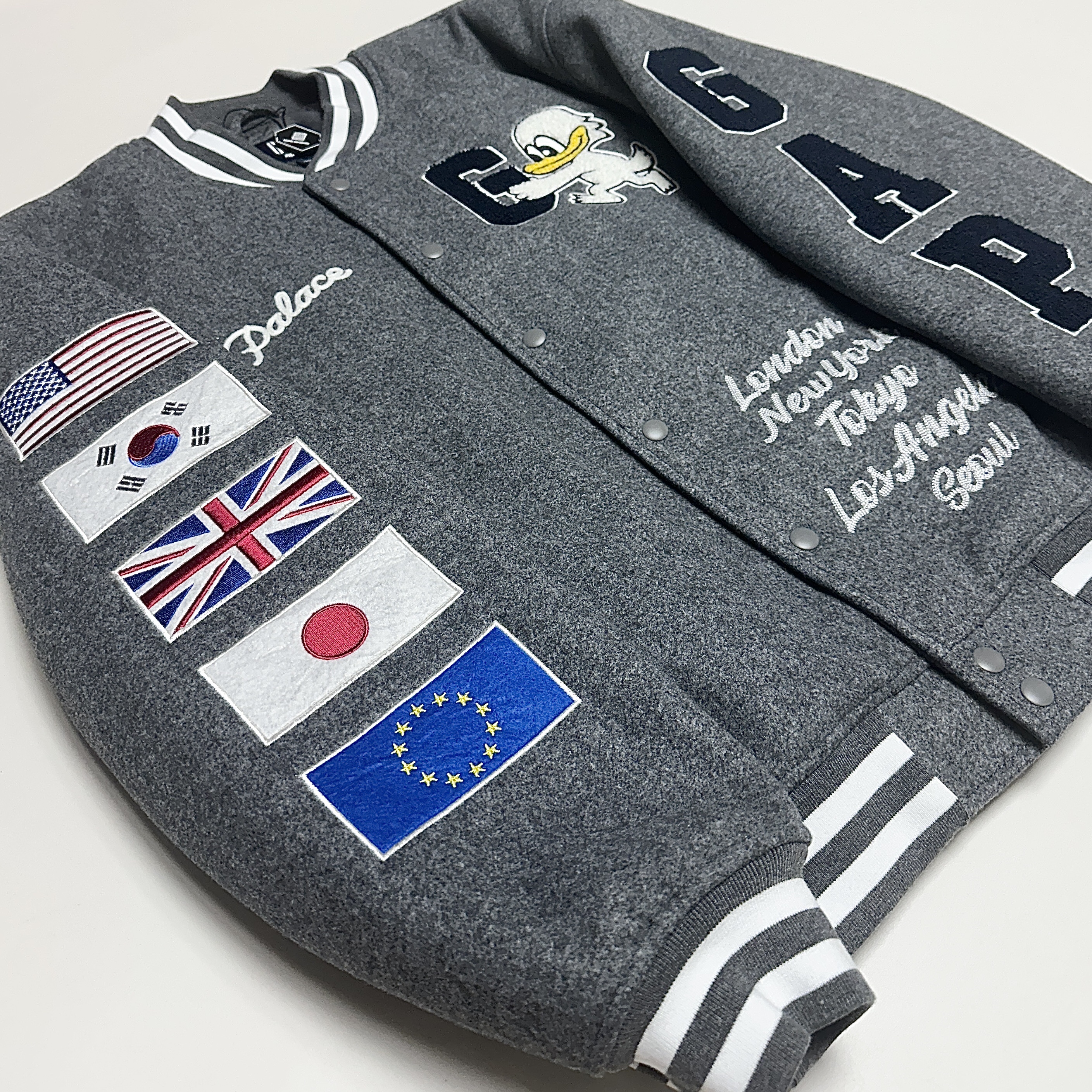 Palace x Gap Varsity Jacket Grey - 24SS 착용 스타일 - 3