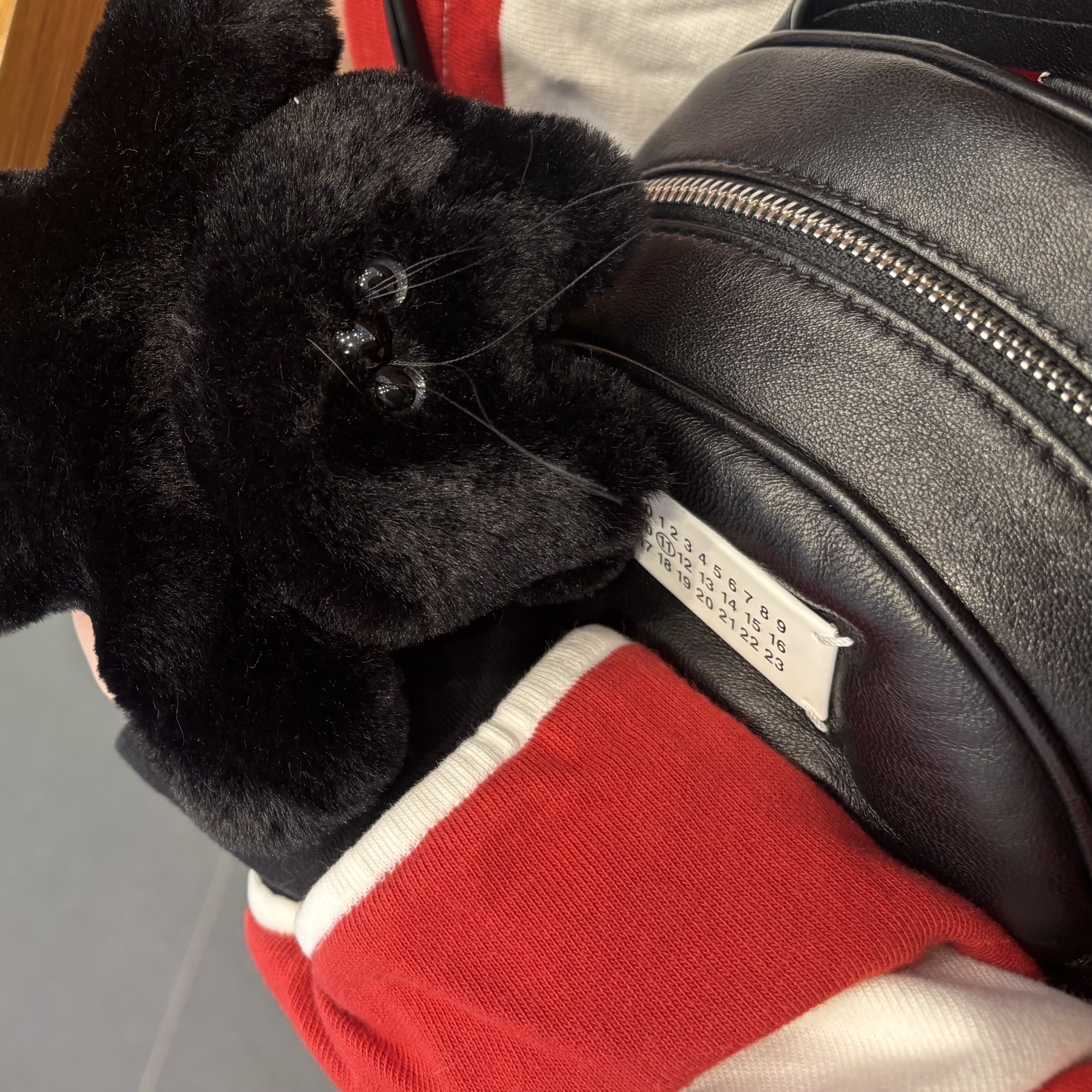 Project G/R Drawn Back V-Neck Polo Shirts Red, Maison Margiela Glam Slam Backpack Black 착용 스타일
