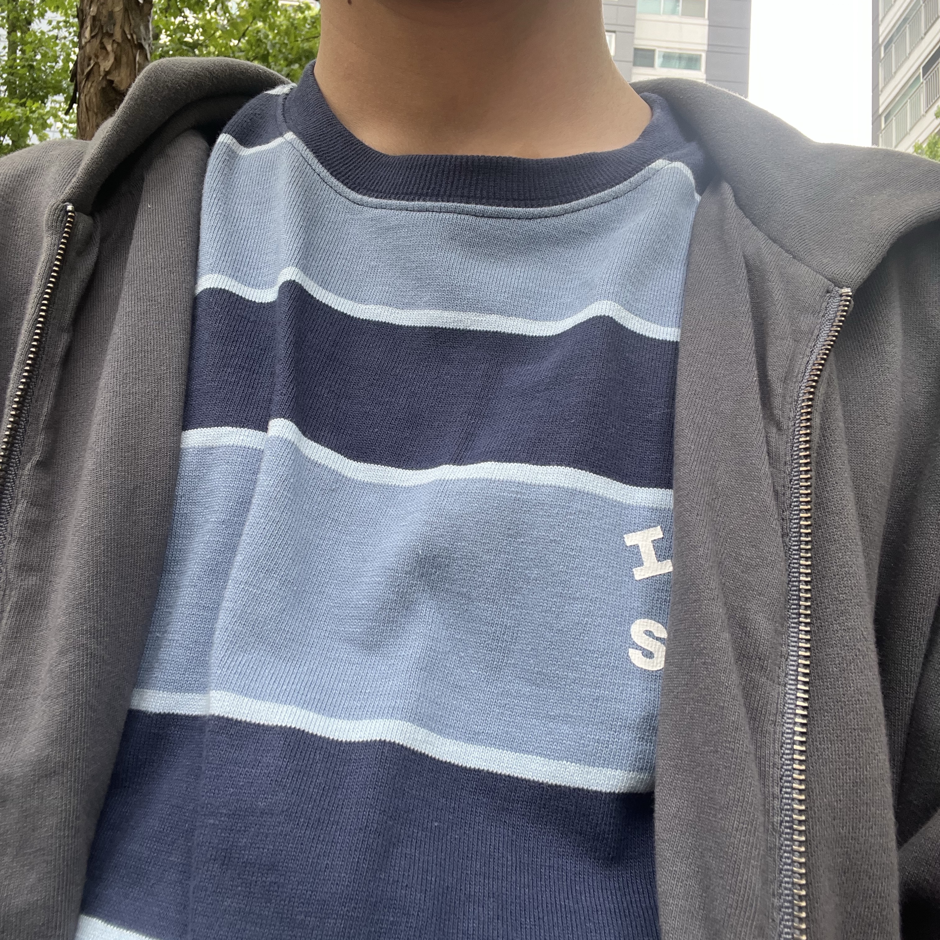 Yeezy YZY Zip-Up Hoodie Dark Grey, IAB Studio Striped T-Shirt Blue White 착용 스타일