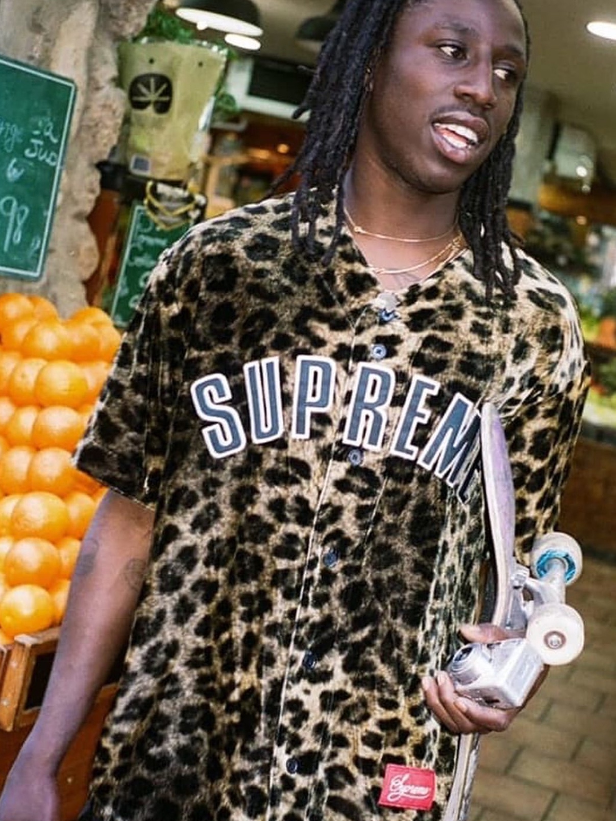 Supreme Velvet Baseball Jersey Leopard - 25SS 착용 스타일