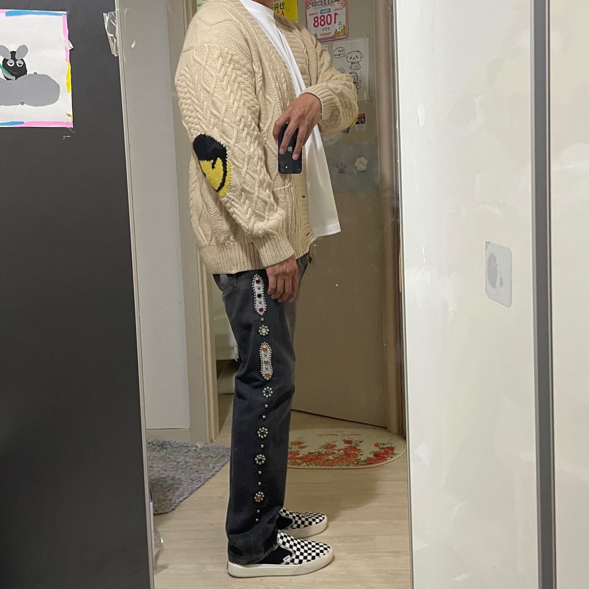 Kapital 5G Wool Cable Knit Profile Rainbowy Patch Cardigan Kinari 착용 스타일 - 5
