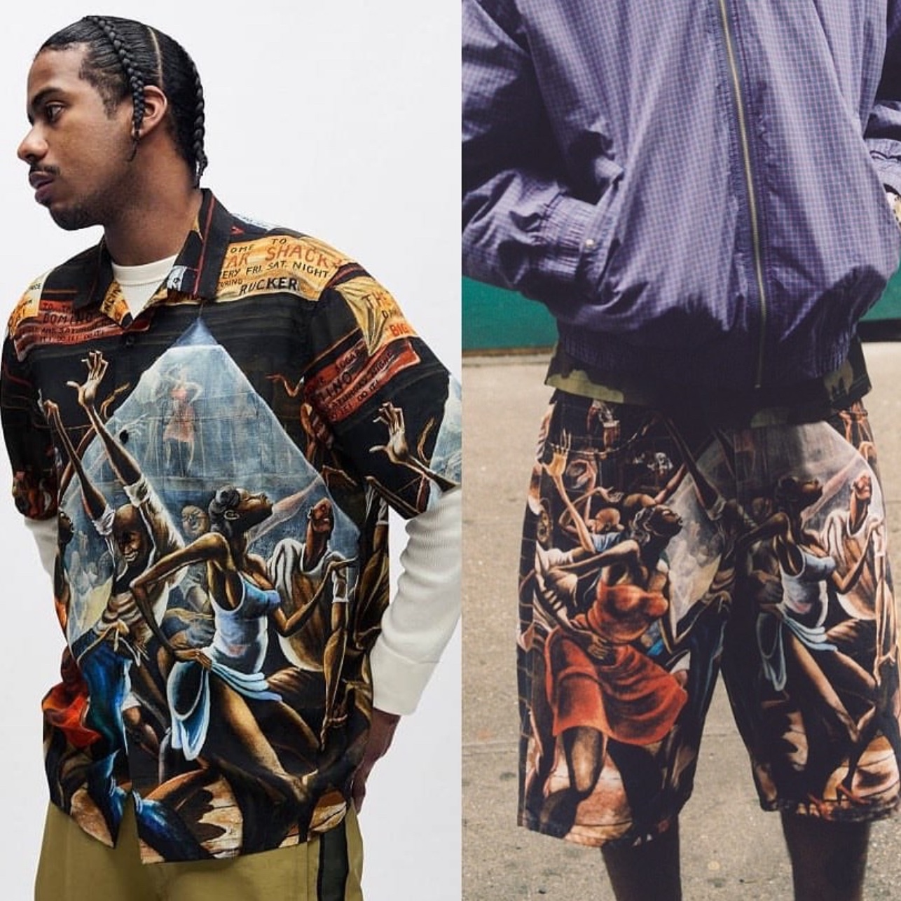 Supreme x Ernie Barnes Baggy Denim Shorts Pool Hall - 25SS, Supreme x Ernie Barnes Baggy Denim Shorts Dance - 25SS 착용 스타일 - 2