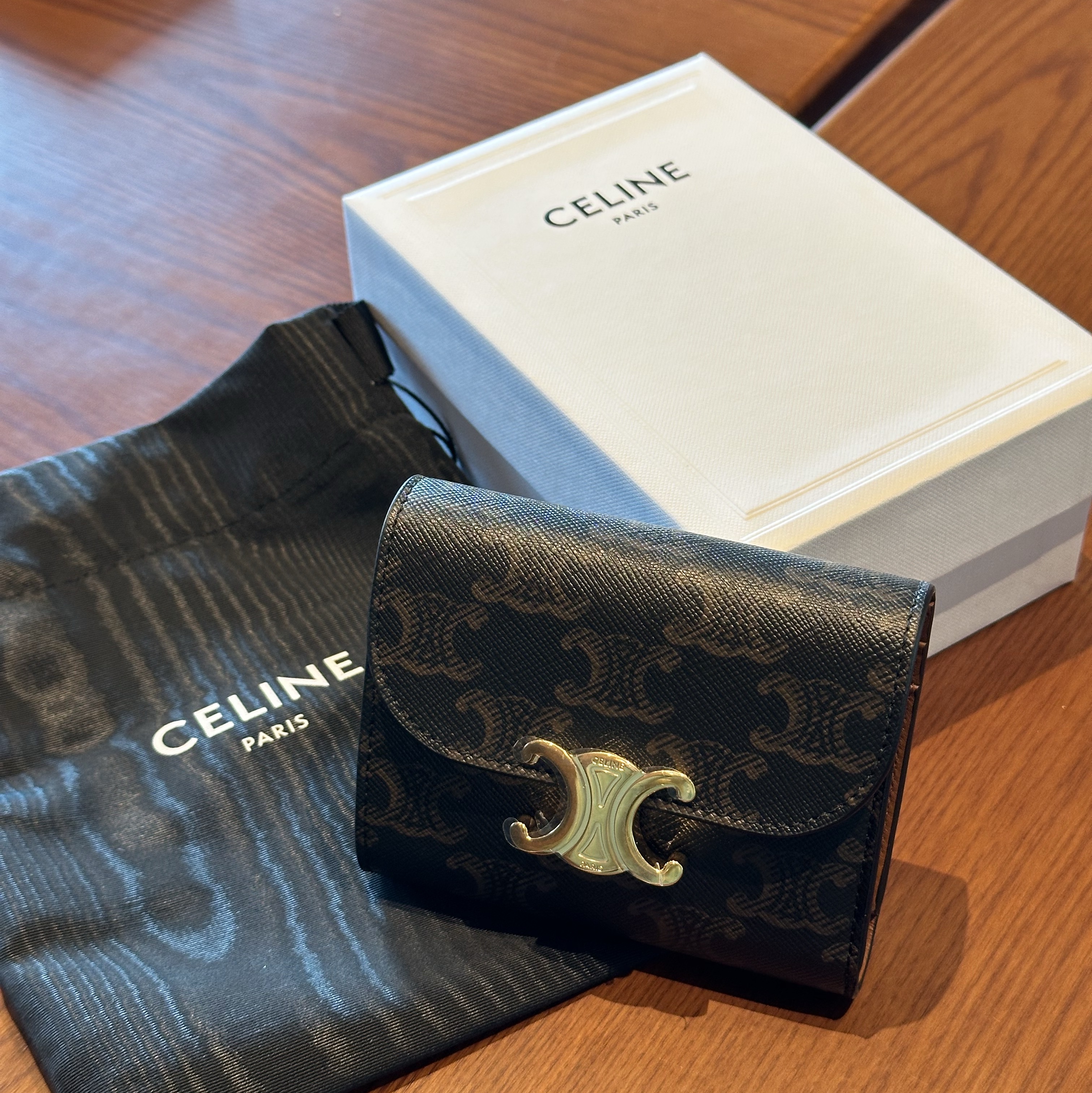 Celine Small Wallet Triomphe in Triomphe Canvas Tan 착용 스타일 - 2