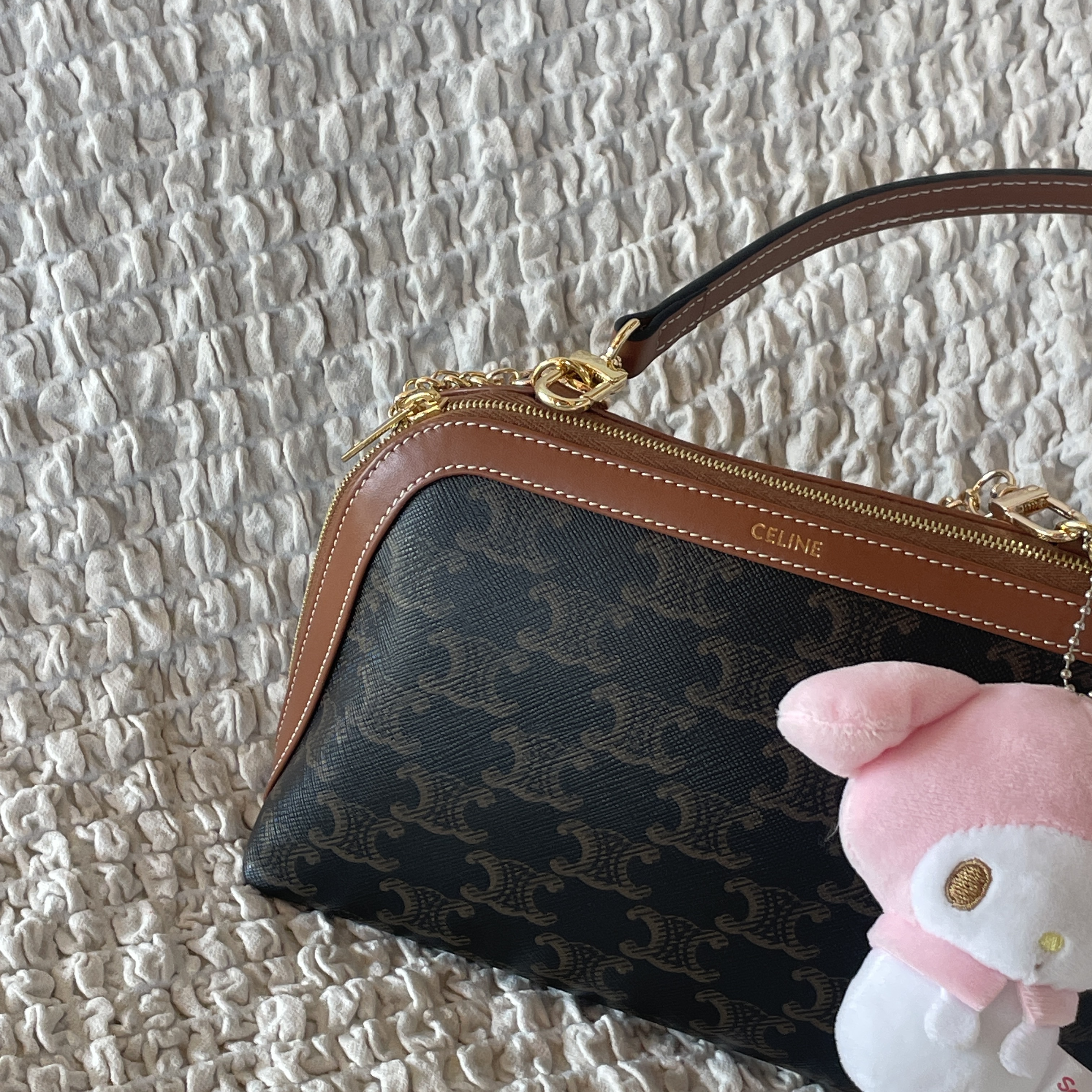 Celine Clutch with Chain in Triomphe Canvas and Lambskin Tan 착용 스타일 - 1