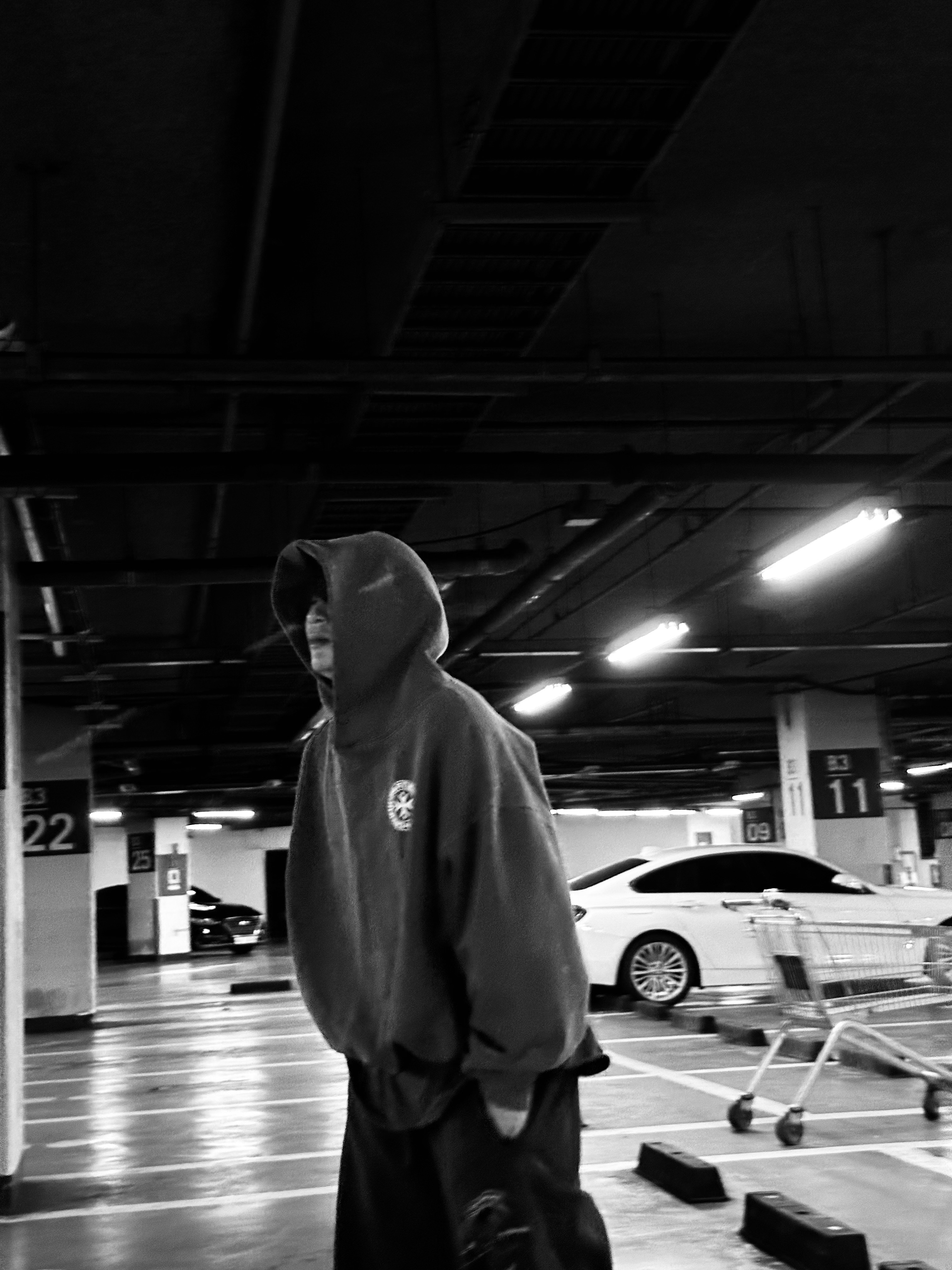 Punch Drunk Parties Circle Logo Garment Dyed Hoodie Navy, Converse x Drkshdw Turbowpn Ox Pelican 착용 스타일 - 1