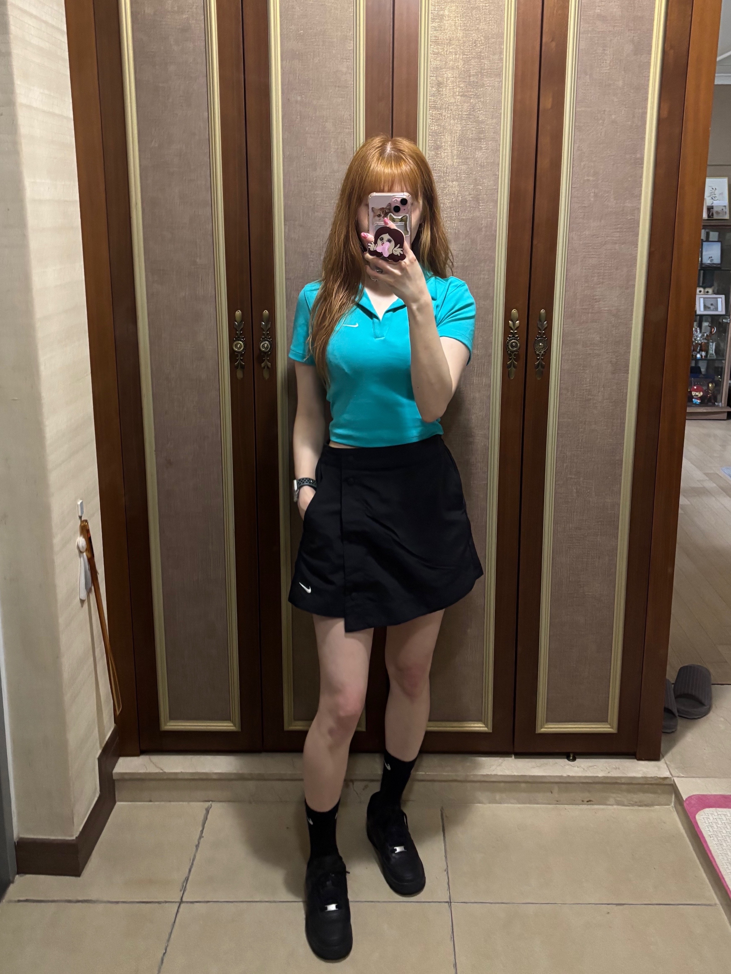 (W) Nike NSW Essential Short Sleeve Polo Top Dusty Cactus Sail - Asia, (W) Nike Air Force 1 '07 Low Triple Black 착용 스타일 - 3