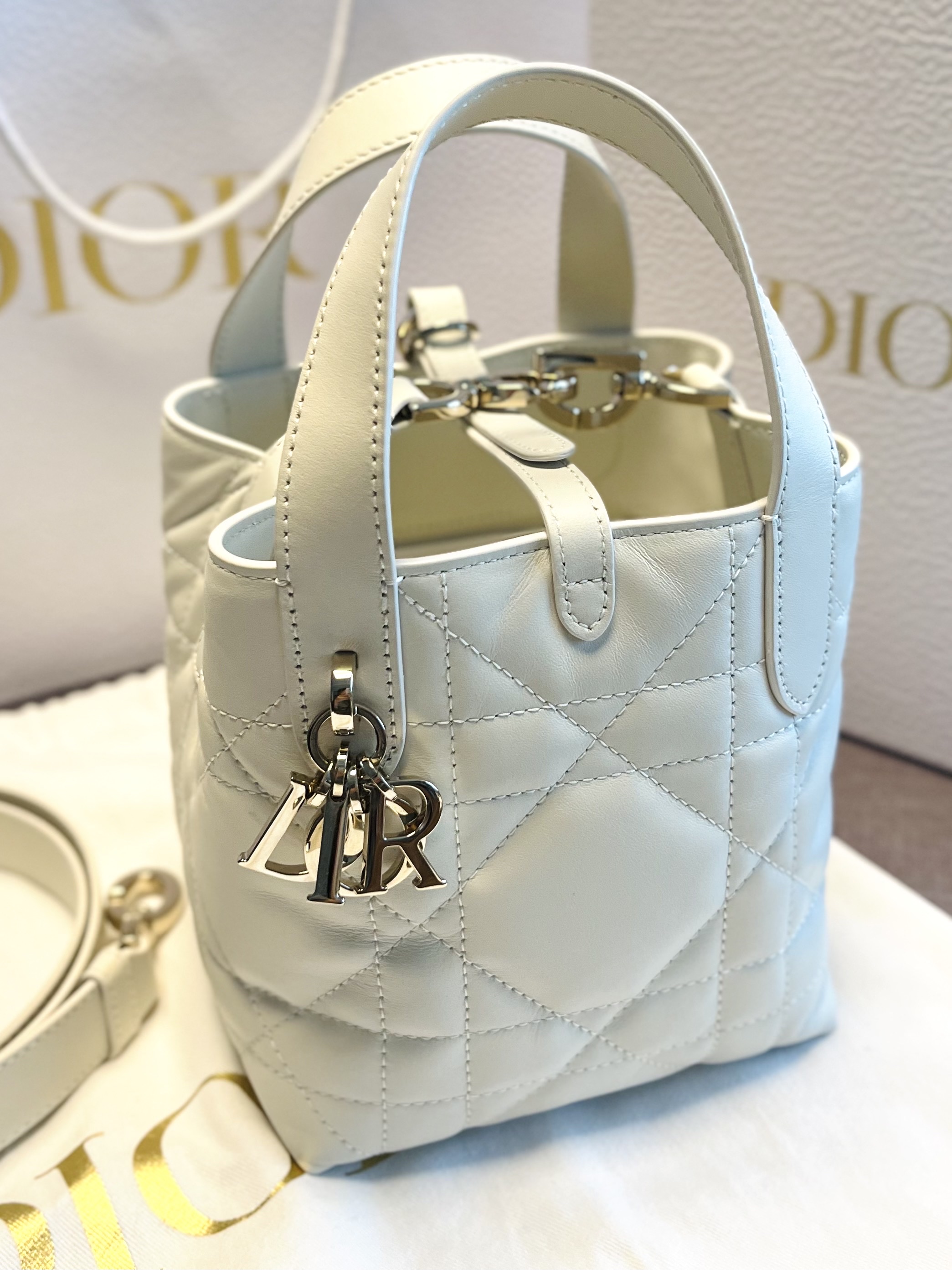 Dior Small Toujours Vertical Tote Bag Macrocannage Calfskin Latte, Dior Small Toujours Vertical Tote Bag Macrocannage Calfskin Powder Beige 착용 스타일 - 2