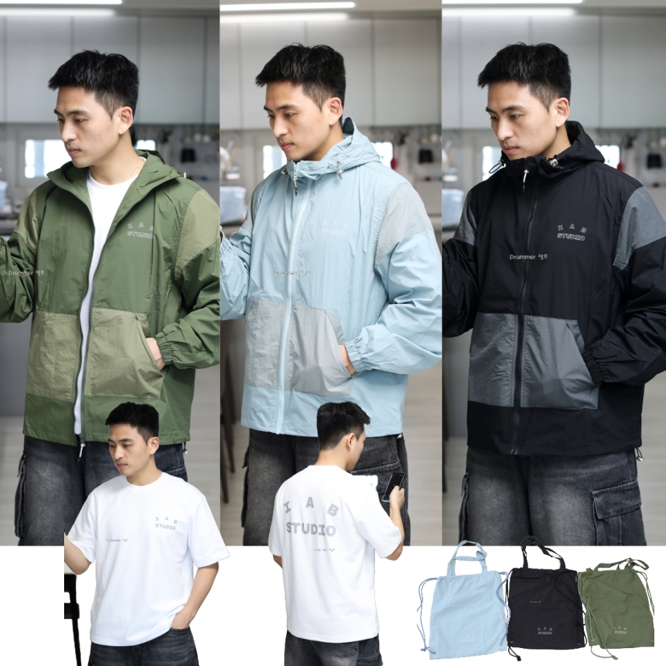 IAB Studio Wind Jacket Pack Black Silver, IAB Studio T-Shirt White Gray 착용 스타일 - 1