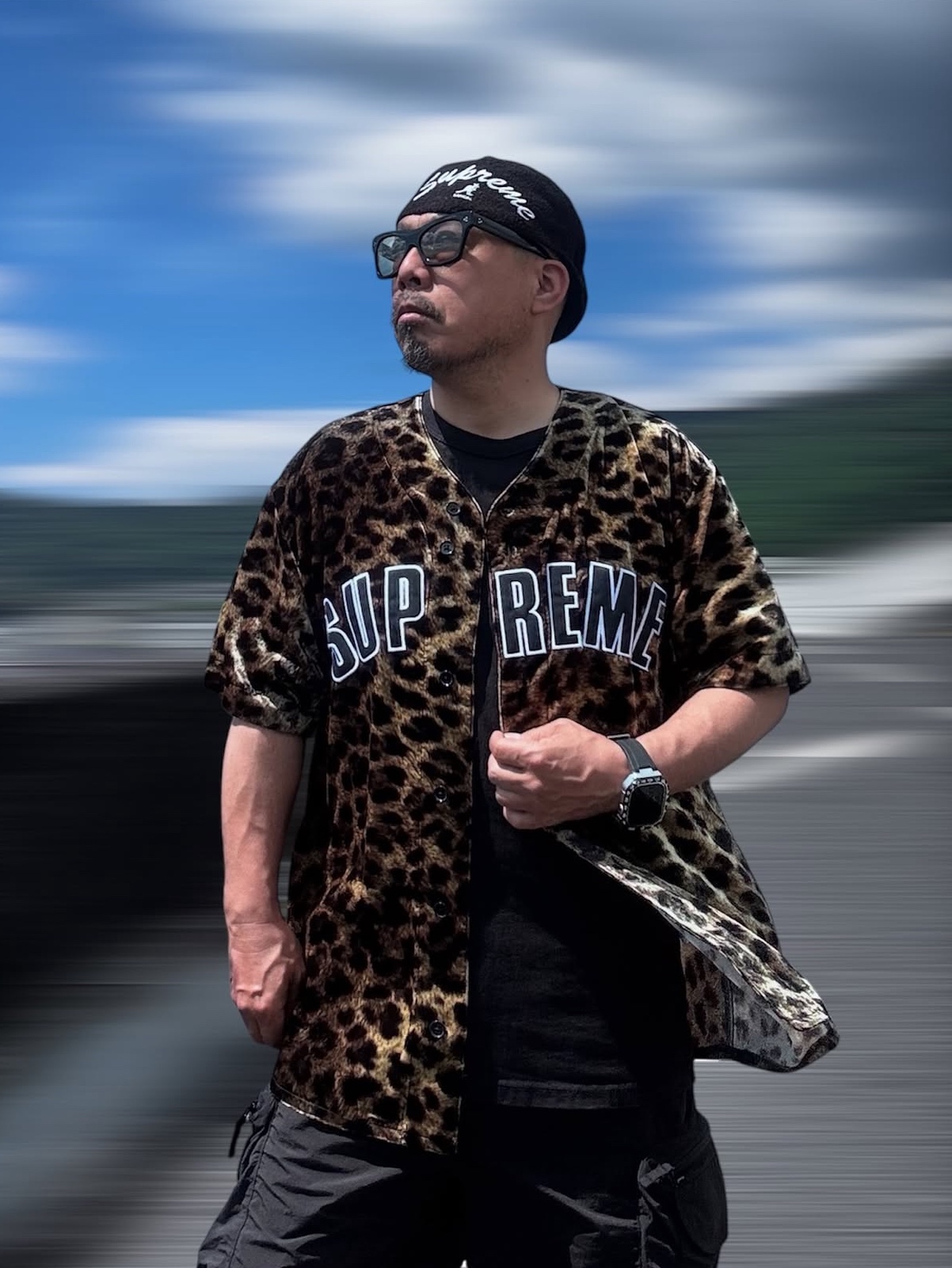 Supreme Velvet Baseball Jersey Leopard - 25SS 착용 스타일 - 1