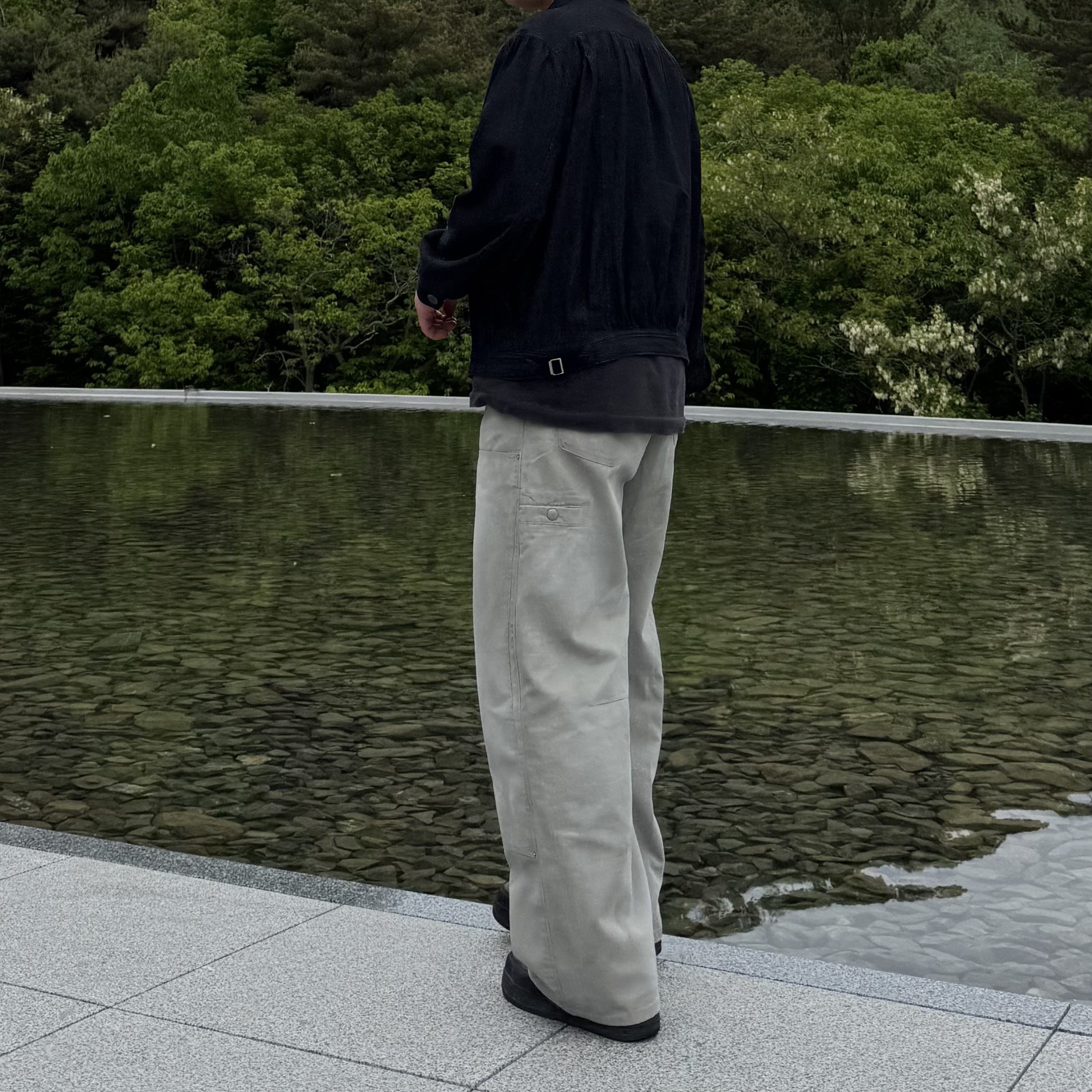 Polyteru Denim Trucker Jacket Old Man Dark Indigo, Polyteru Hard Washed Double Knee Pants Light Gray 착용 스타일