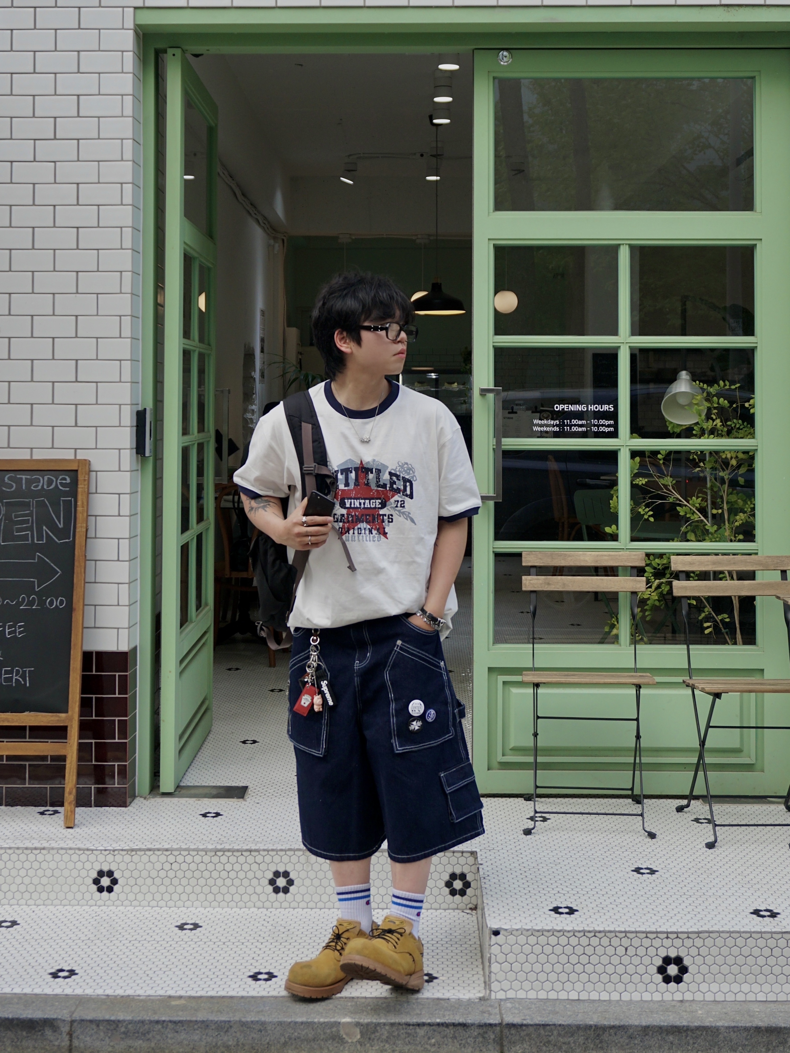 Flavorism Carpenter Bermuda Denim Pants Indigo, Remagine Hybrid Derby Shoes Starting Bigger Wheat 착용 스타일 - 1