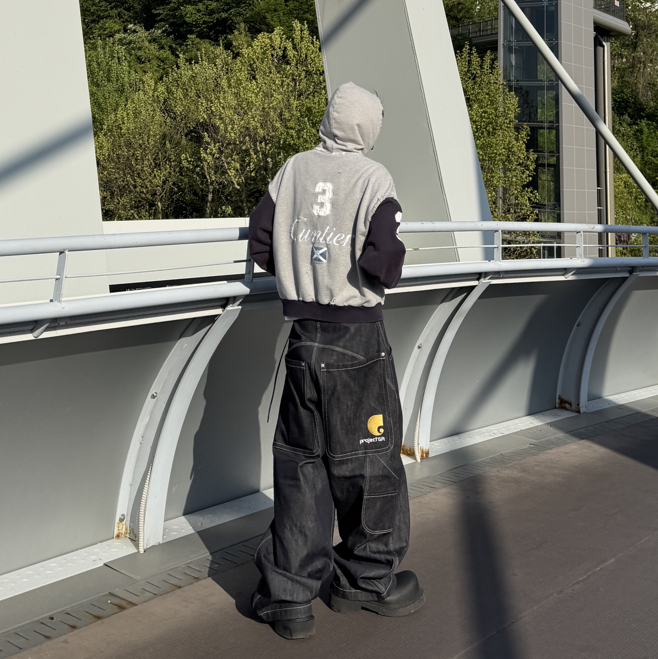 Project G/R Retro Baggy Denim Pants Dark Navy, Project G/R Cuntier Zip Hoodie Melange Grey 착용 스타일 - 1