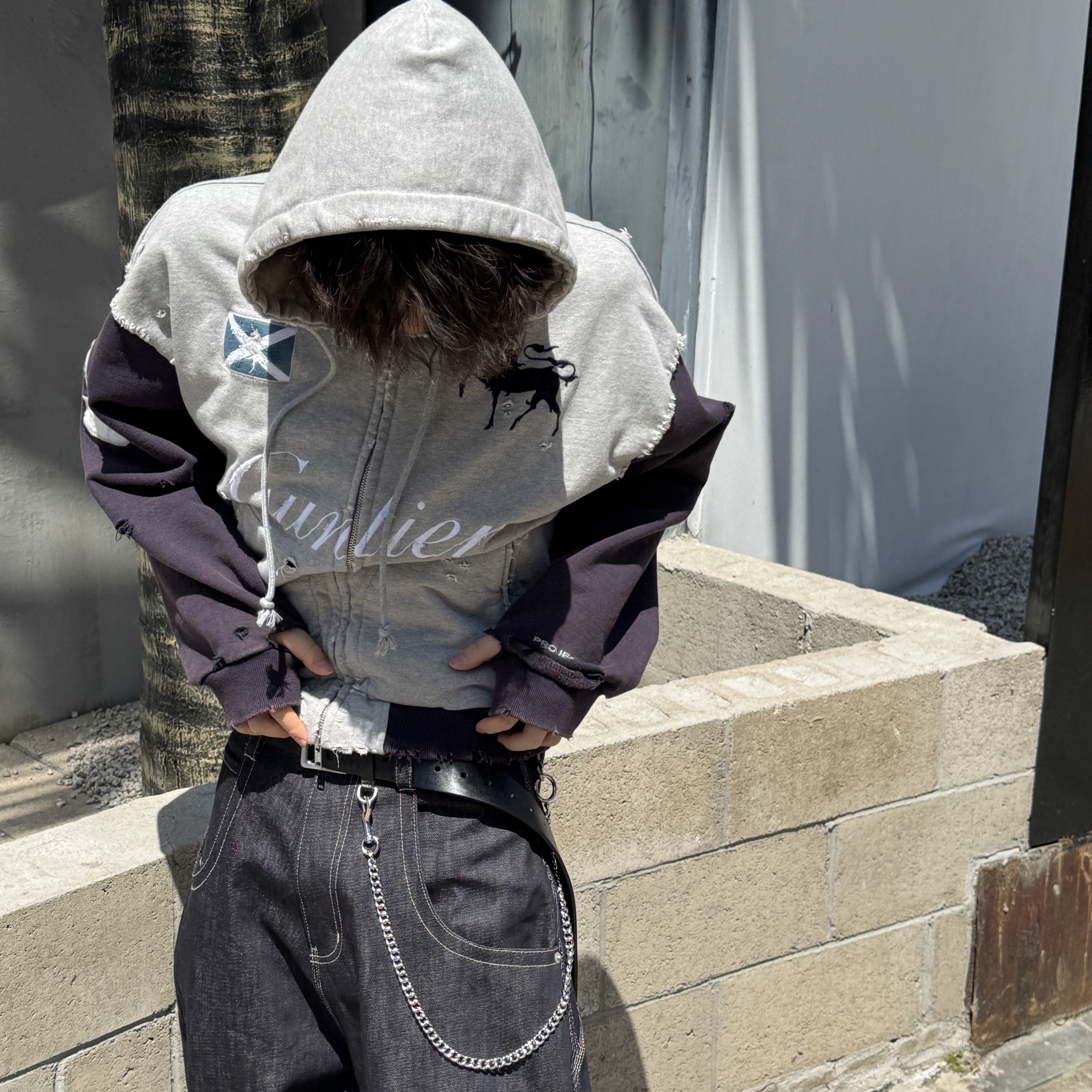 Project G/R Retro Baggy Denim Pants Dark Navy, Project G/R Cuntier Zip Hoodie Melange Grey 착용 스타일 - 2