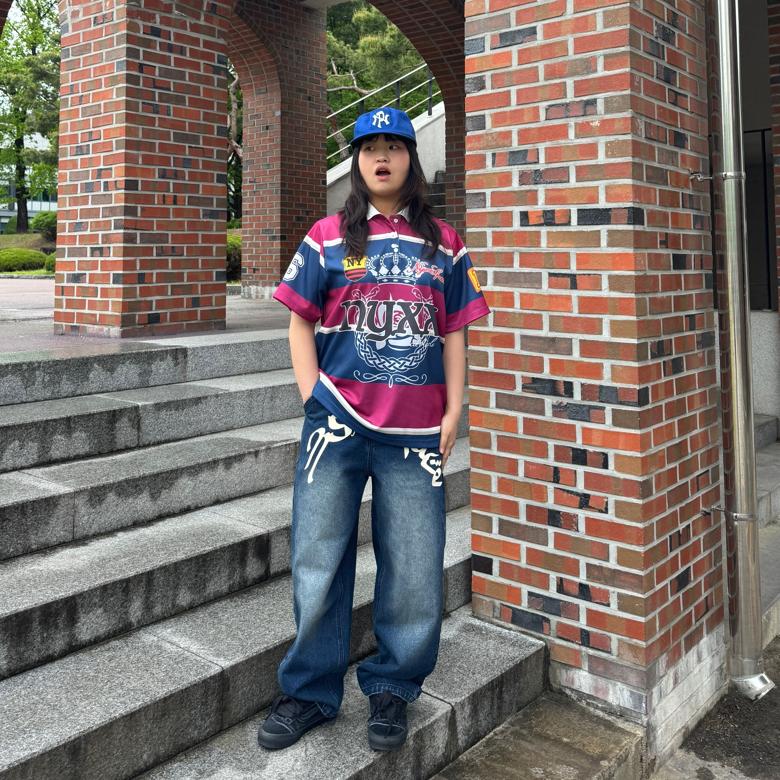 NYXX Stripe Polo Shirts Navy, NYXX Graffity Denim Pants Indigo 착용 스타일