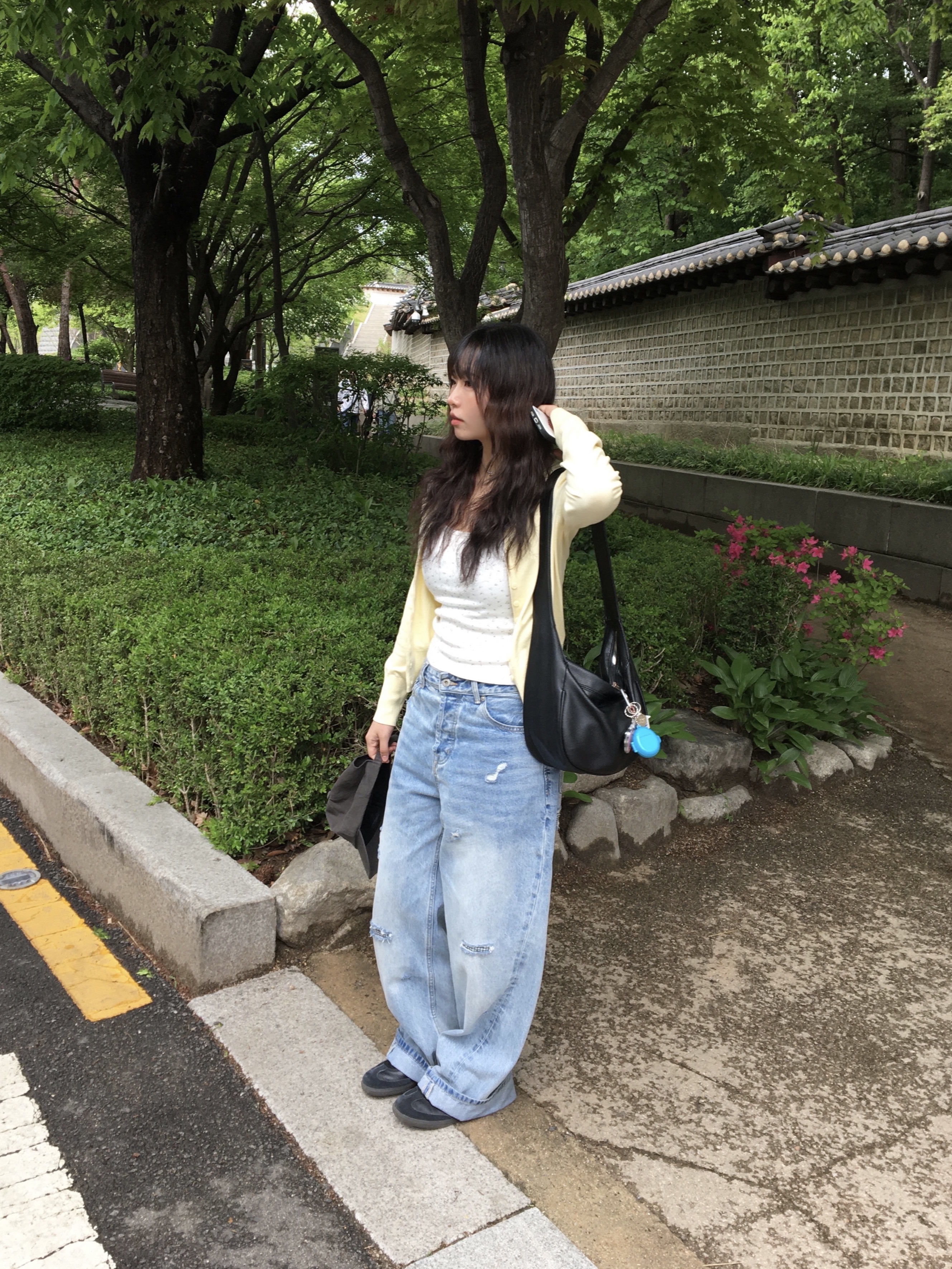 AEAE Check Patchwork Denim Pants Light Blue, Adidas Samba OG Black White Gum 착용 스타일