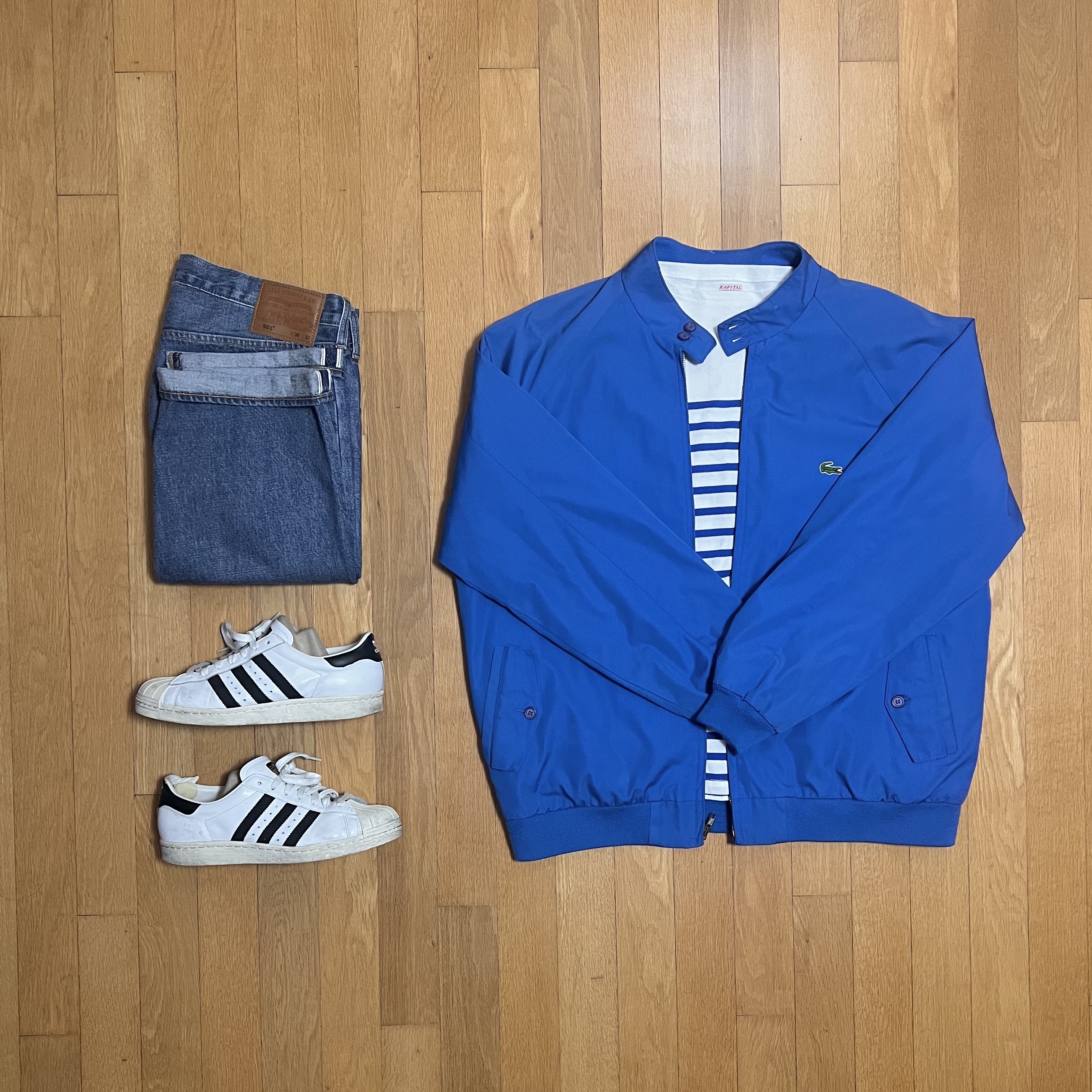 Kapital Panel Border Jersey Elbow Liplon Long Sleeve Profile Rainbowy Patch Pt White, Levi's LVC 1955 Japan 501 Jean Blackjack Blue 착용 스타일