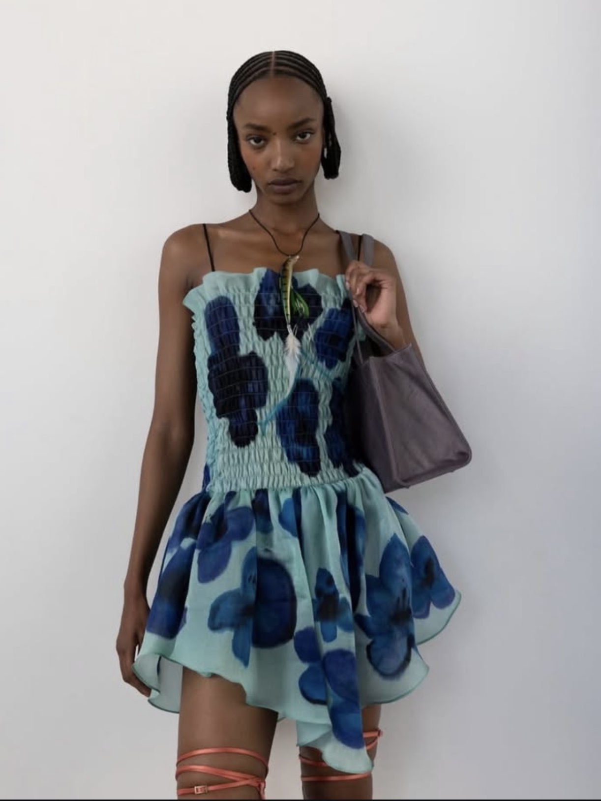 Conner Ives Women Shirred Organza Drop Waist Mini Dress Teal - 25FW 착용 스타일