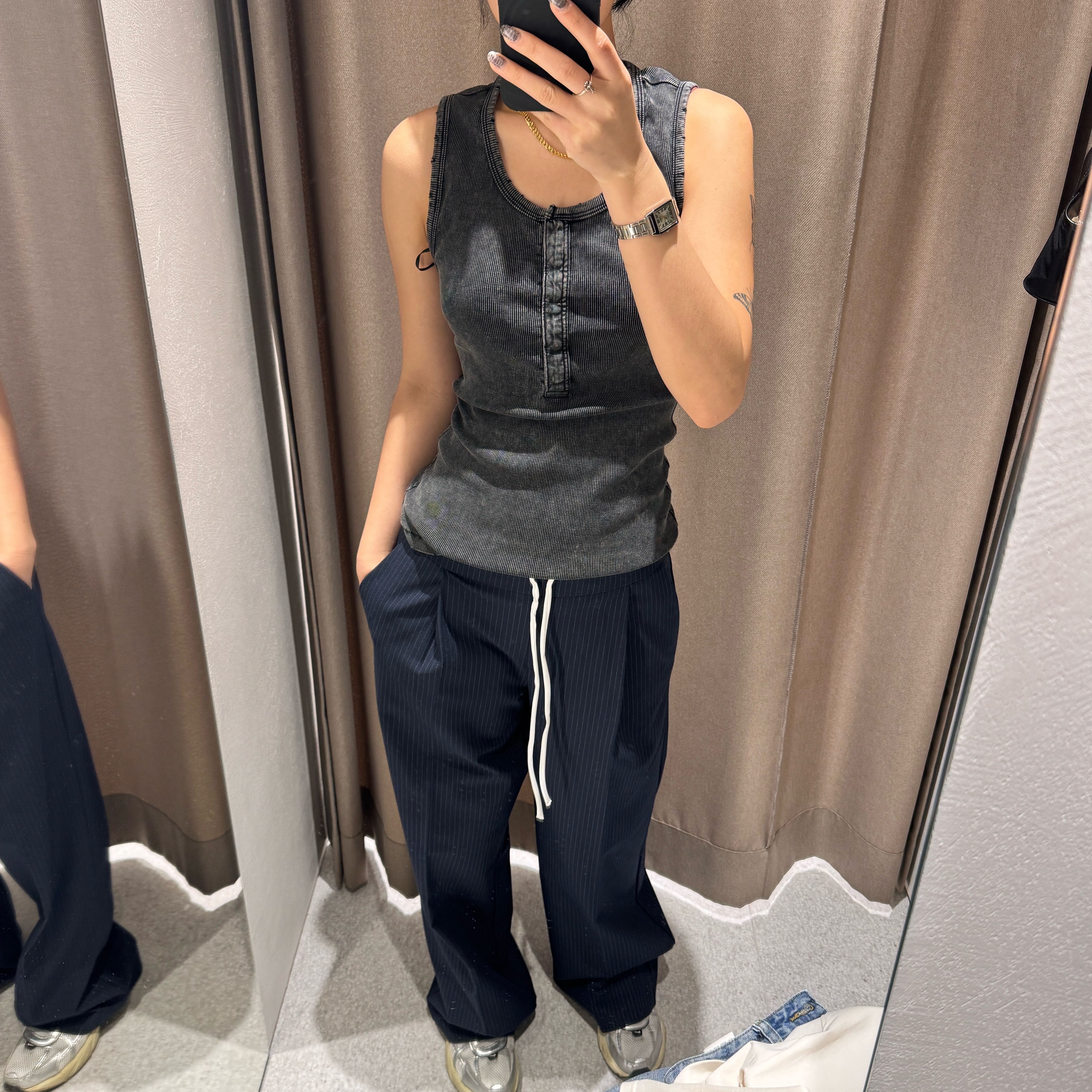 Zara Double Waist Pants Black 착용 스타일 - 2