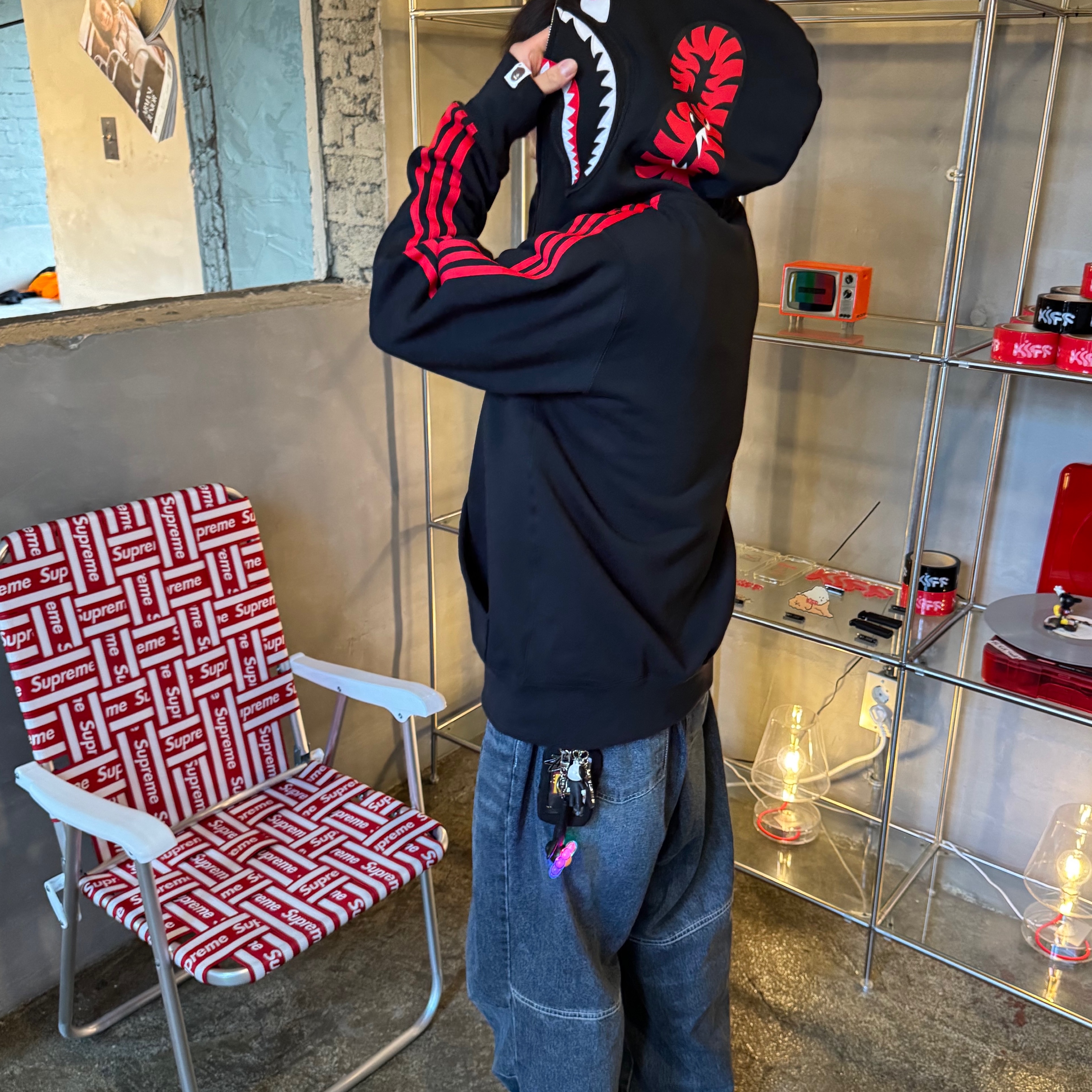 Adidas x BAPE Ultimate Shark Hoodie Black - KR Sizing, Human Made Military Card Case Navy 착용 스타일