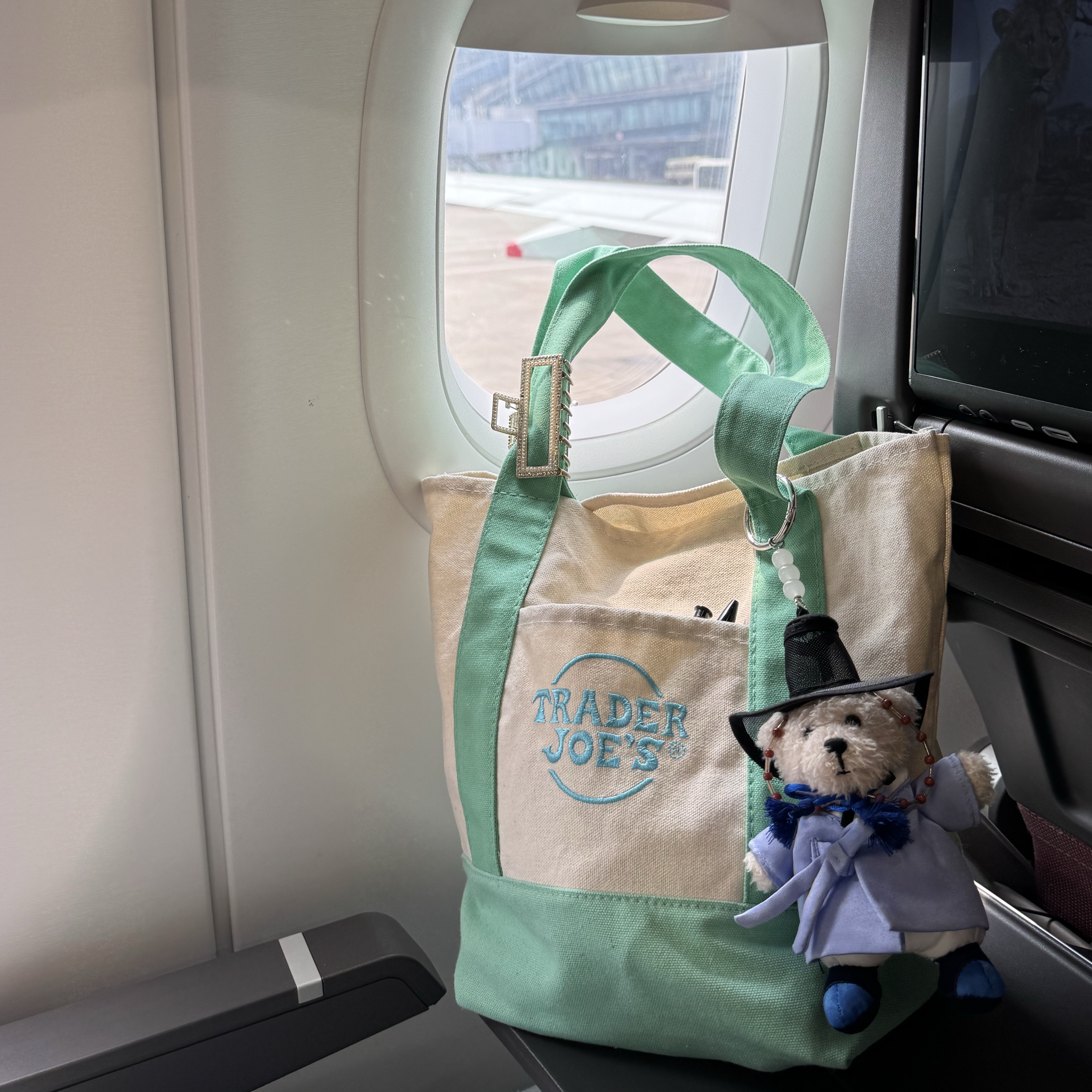 Trader Joe's Mini Pastel Canvas Tote Bag Mint Green, Starbucks Hojakdo Bearista Keychain 착용 스타일