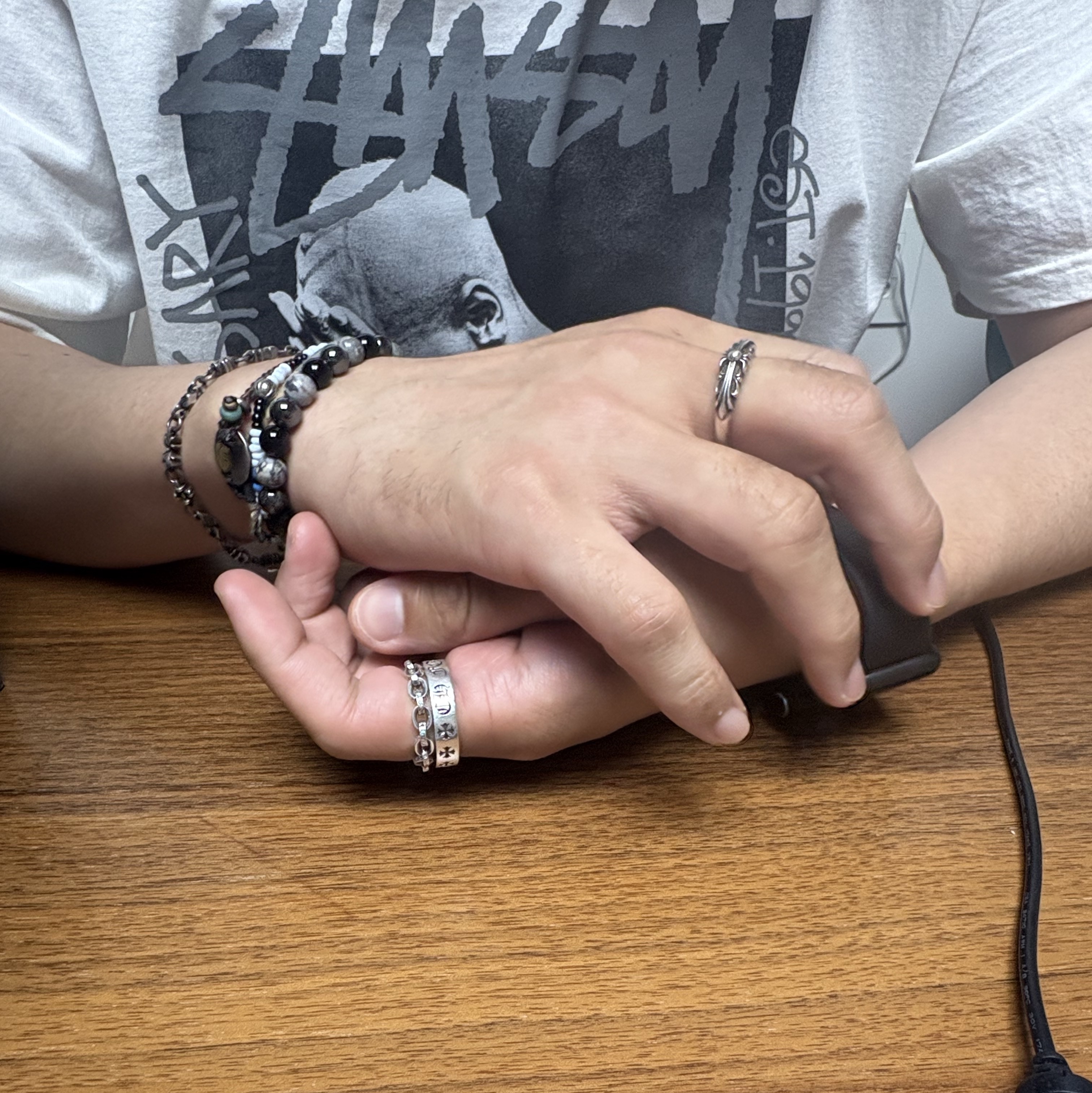 Stussy x Goldie Metalheadz 30 T-Shirt White, Scudo Signature Link Bracelet Slim 착용 스타일