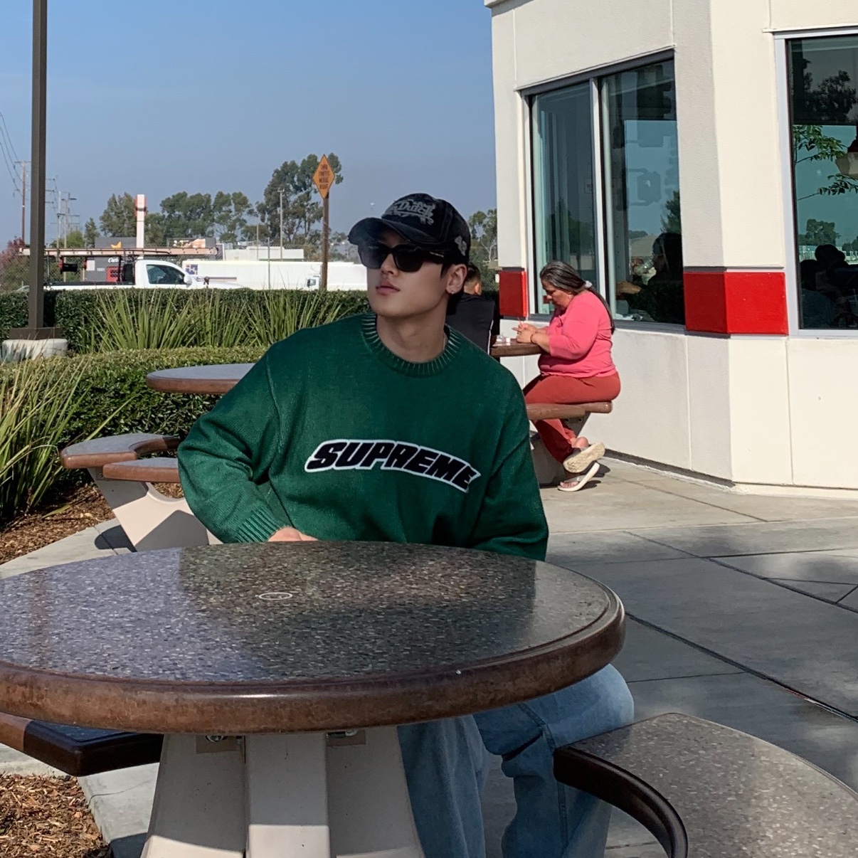 Supreme Printed Washed Sweater Olive - 23SS 착용 스타일