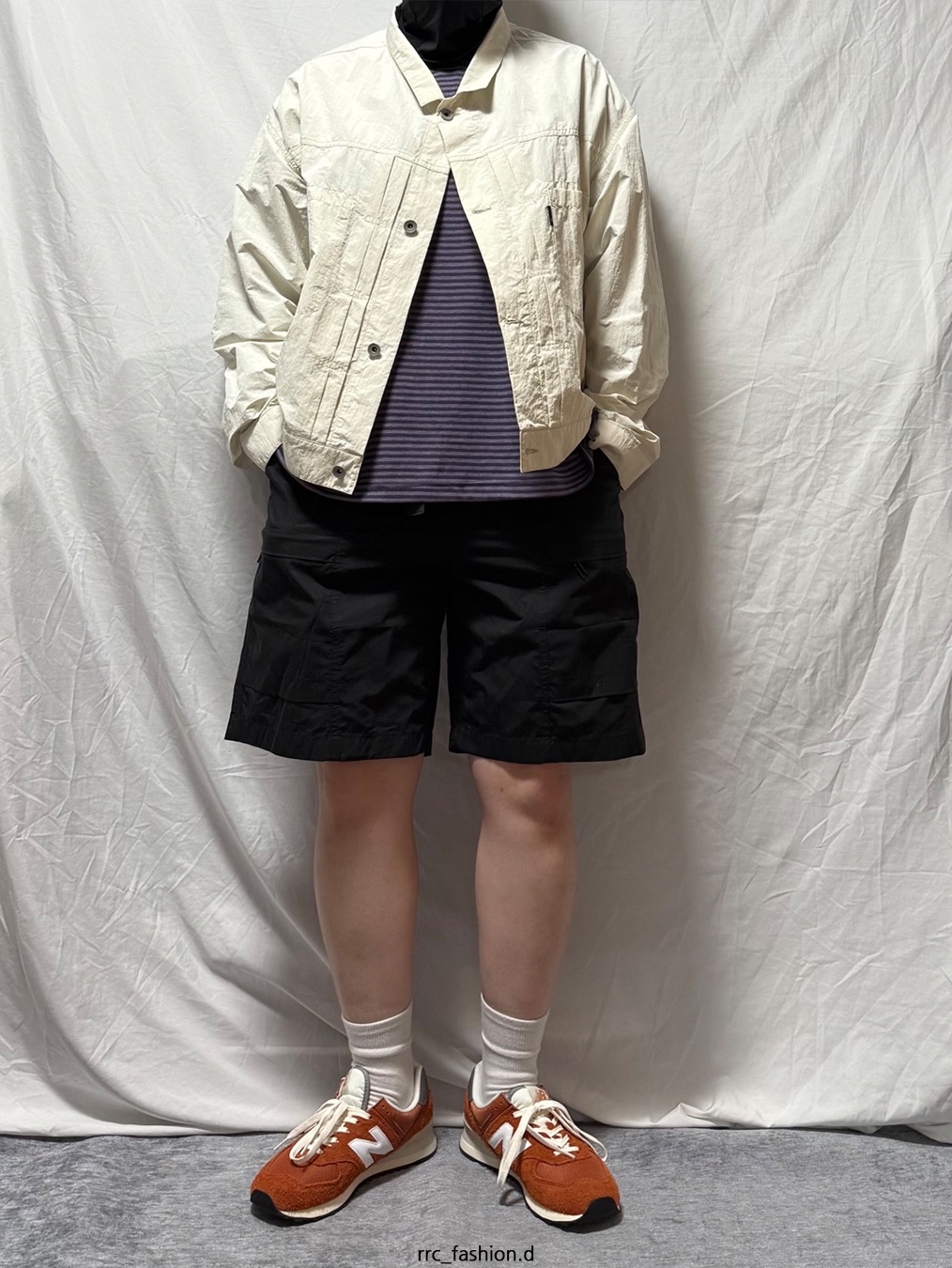New Balance 574 Heritage Orange Burst White, [SS24] moif Trucker Blouson Ecru 착용 스타일 - 1