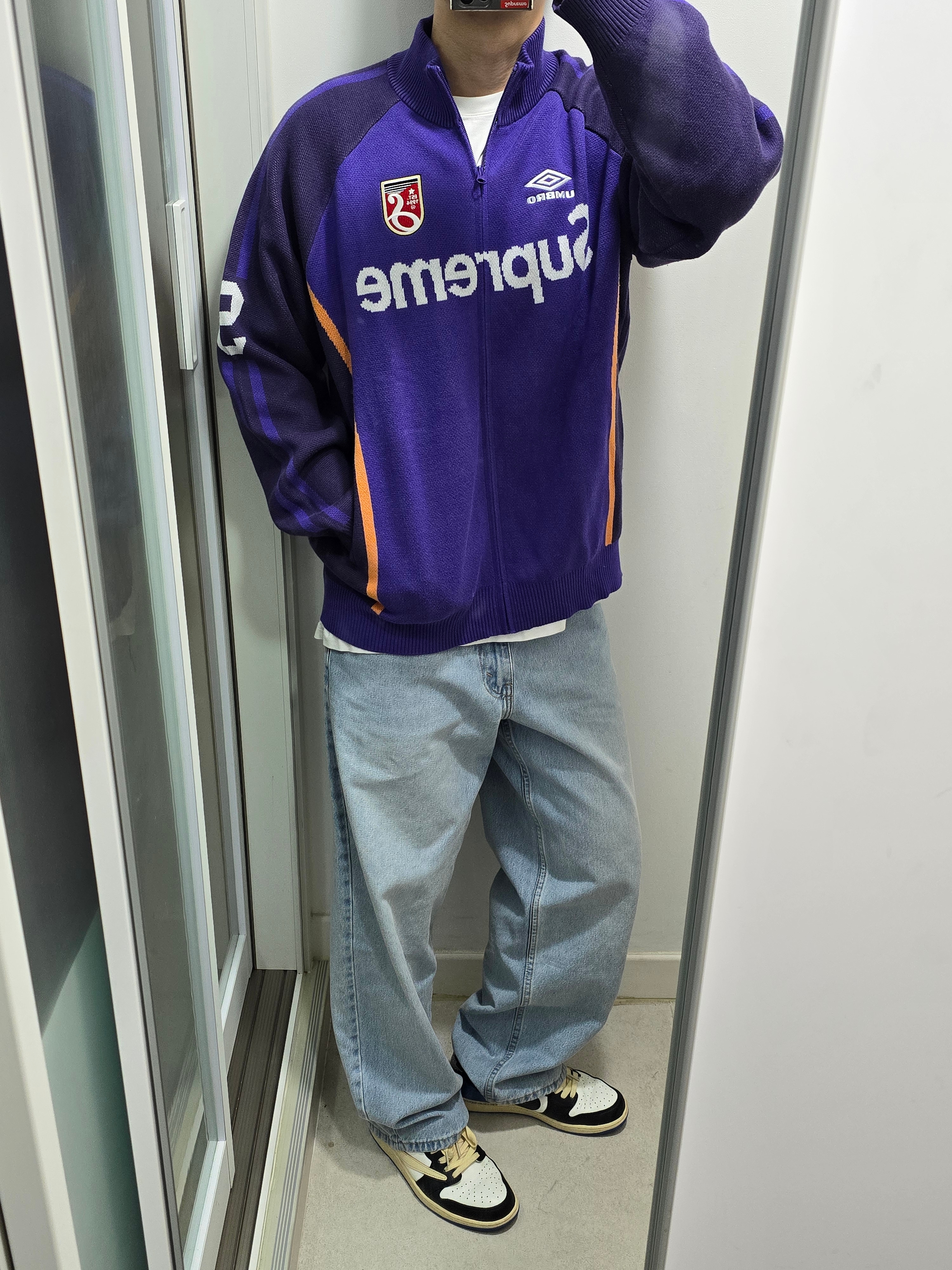 Supreme x Umbro Zip Up Sweater Purple - 25SS, Kith x Jinro Box Logo T-Shirt White 착용 스타일 - 2