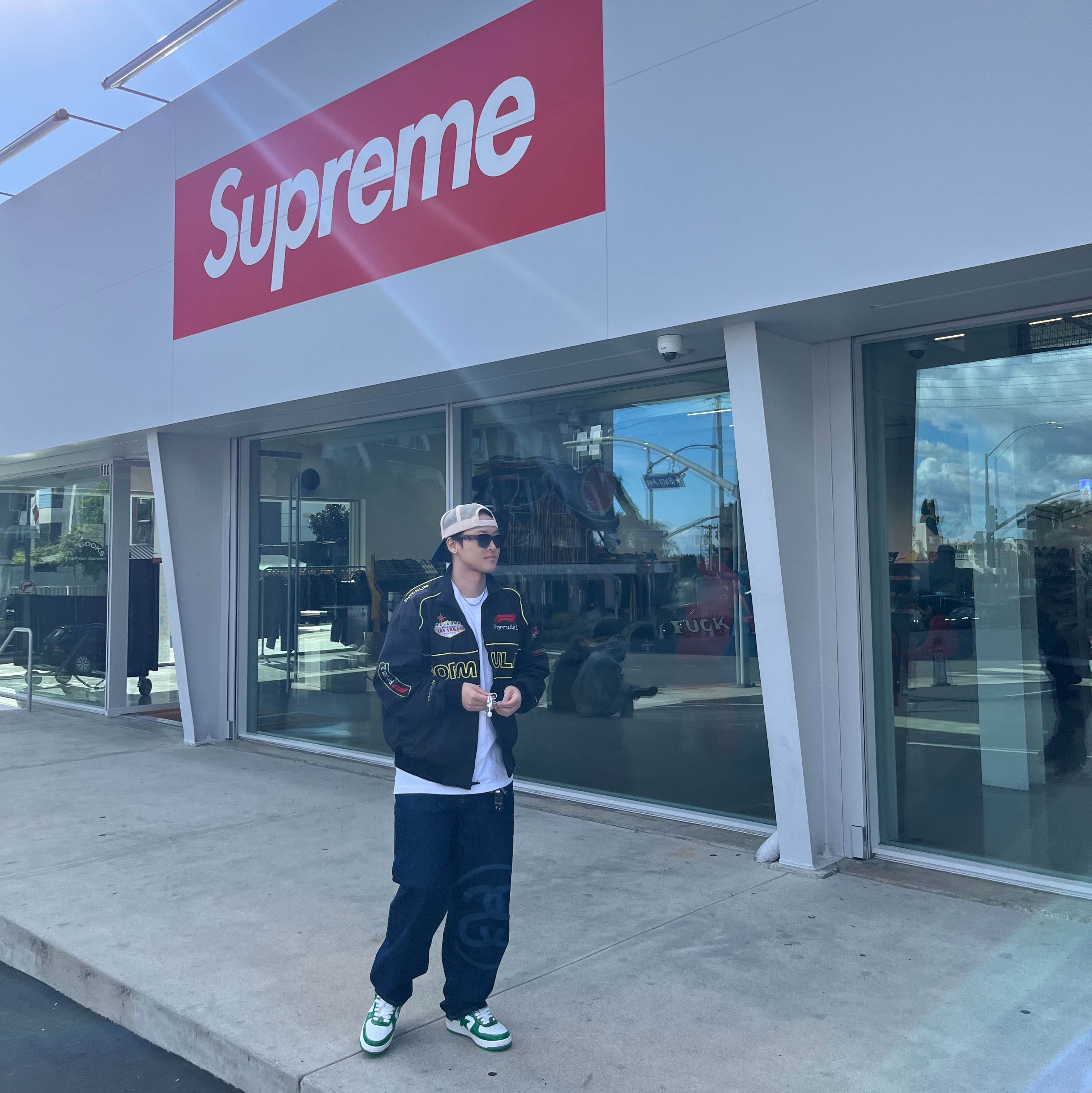 Stussy SS Link Big OL' Jean One Wash, BAPE Bape Sta Low Green White 착용 스타일 - 1