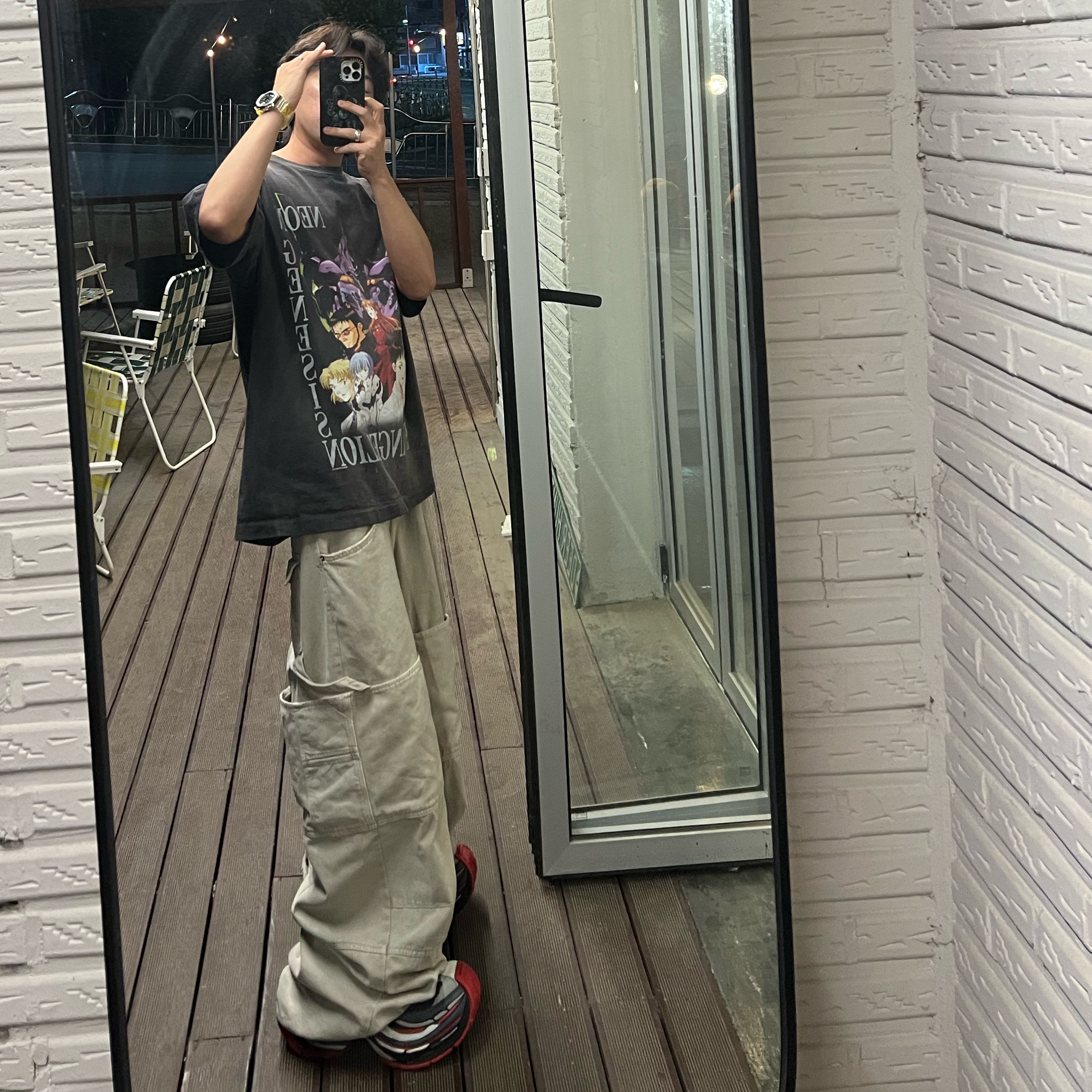 Saint Mxxxxxx x Evangelion Neon S/S T-Shirt Black, Nonnod Double Knee Cover Pants Vintage Beige 착용 스타일