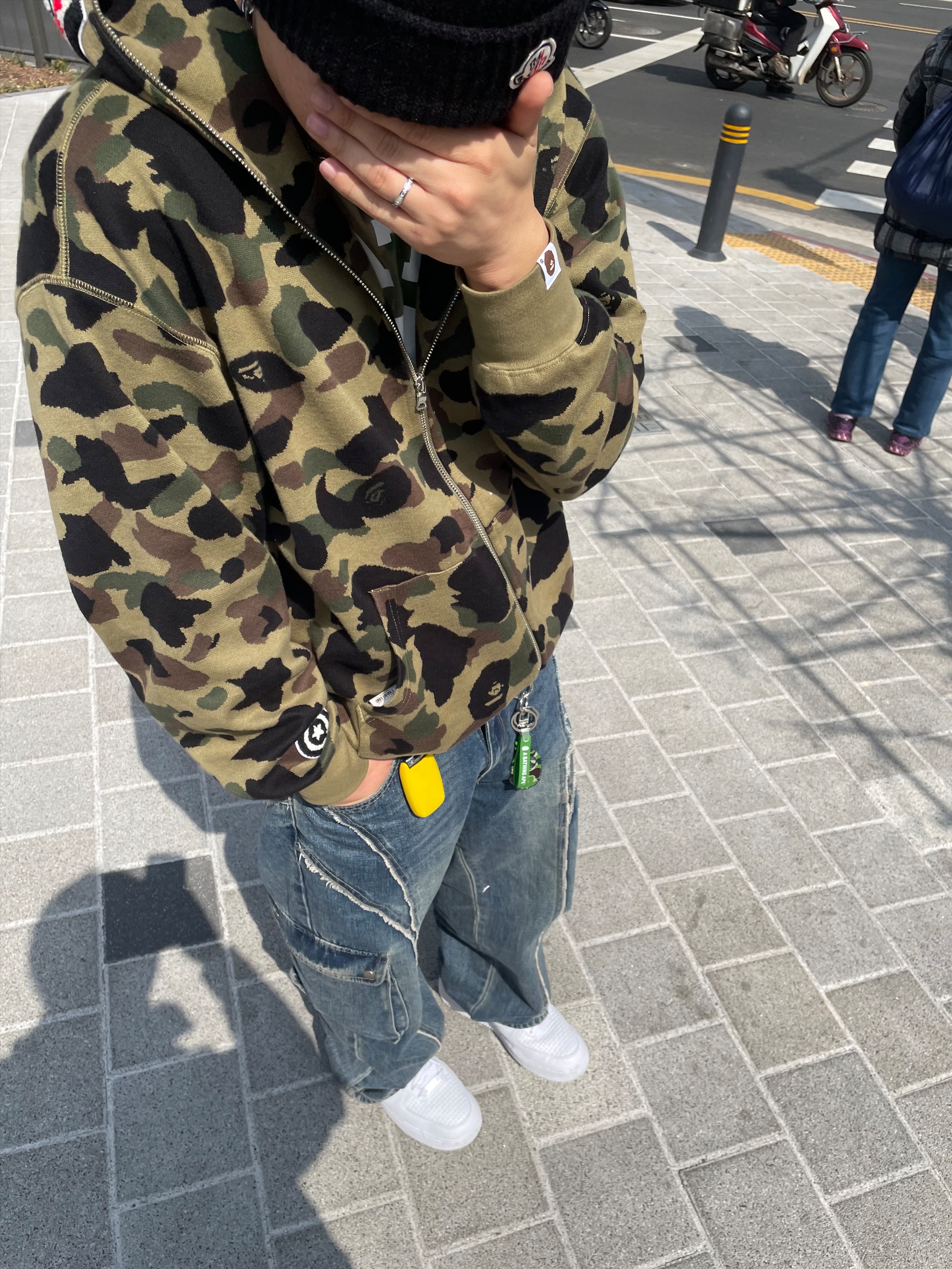 BAPE 1st Camo Shark Full Zip Hoodie Army Green, Moncler Cotton Beanie Black - 25SS 착용 스타일