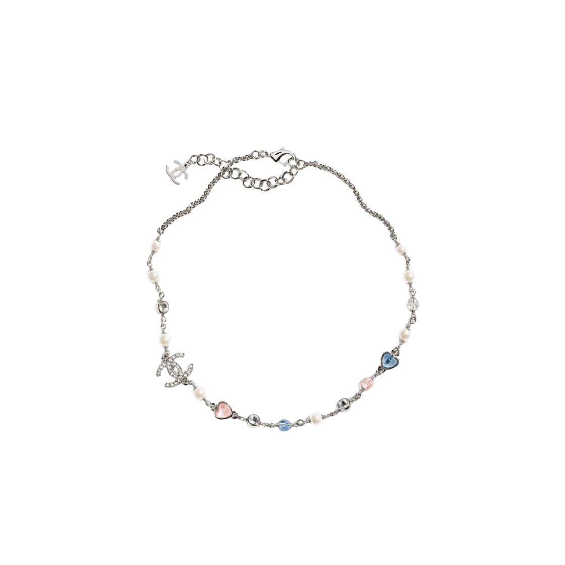 (W) 샤넬 네클리스 메탈 레진 글래스 스트라스 & 실버 블루 핑크 펄리 화이트 크리스탈((W) Chanel Necklace Metal Resin Glass Strass & Silver Blue Pink Pearly White Crystal) - 1