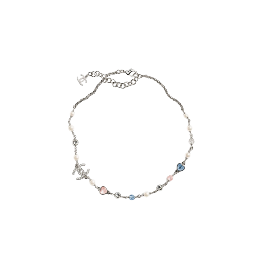 (W) Chanel Necklace Metal Resin Glass Strass & Silver Blue Pink Pearly White Crystal
