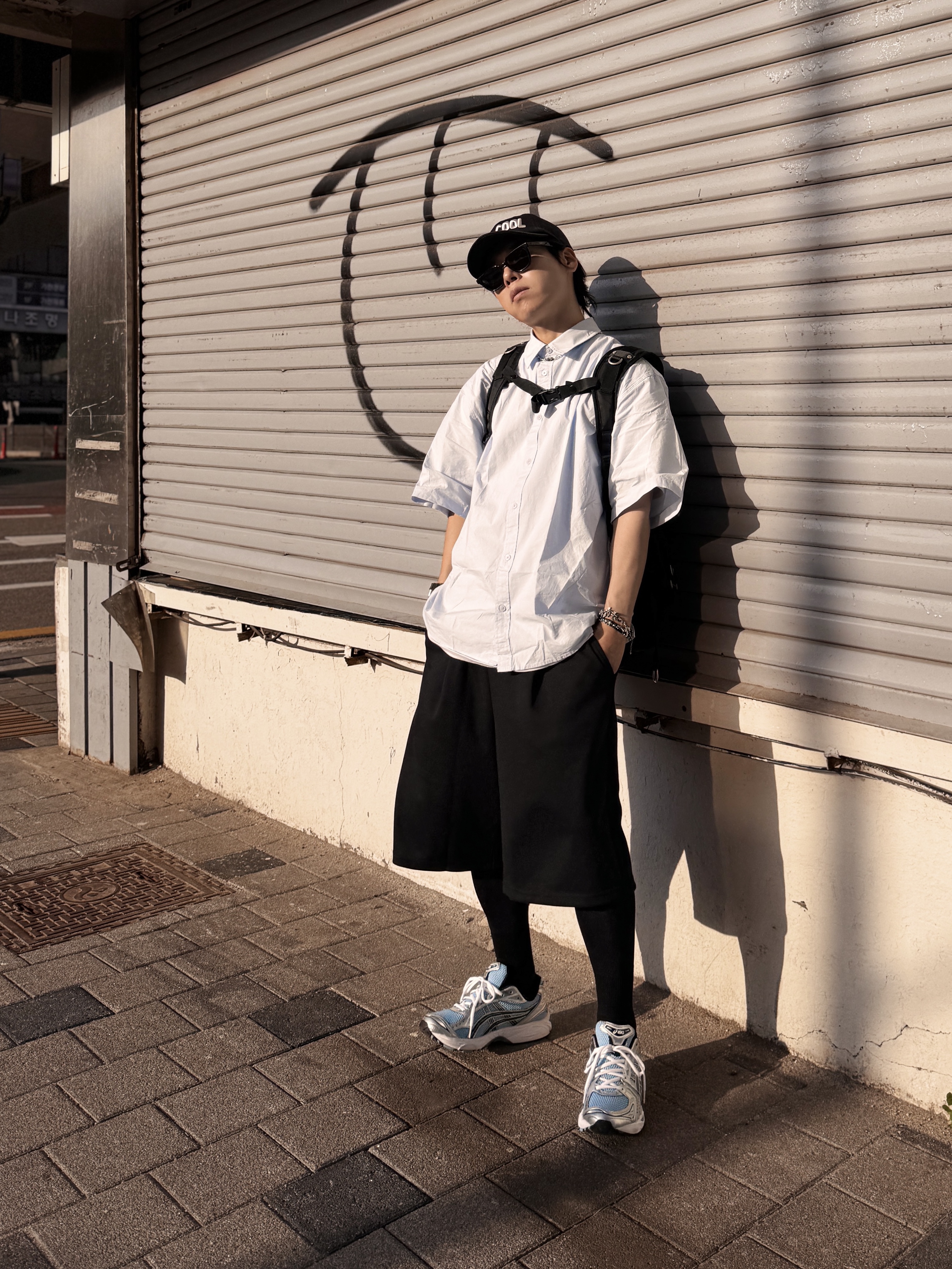 Gentle Monster x Maison Margiela MM007 Black Black, Asics Gel-Kayano 14 Arctic Sky Pure Silver 착용 스타일 - 1