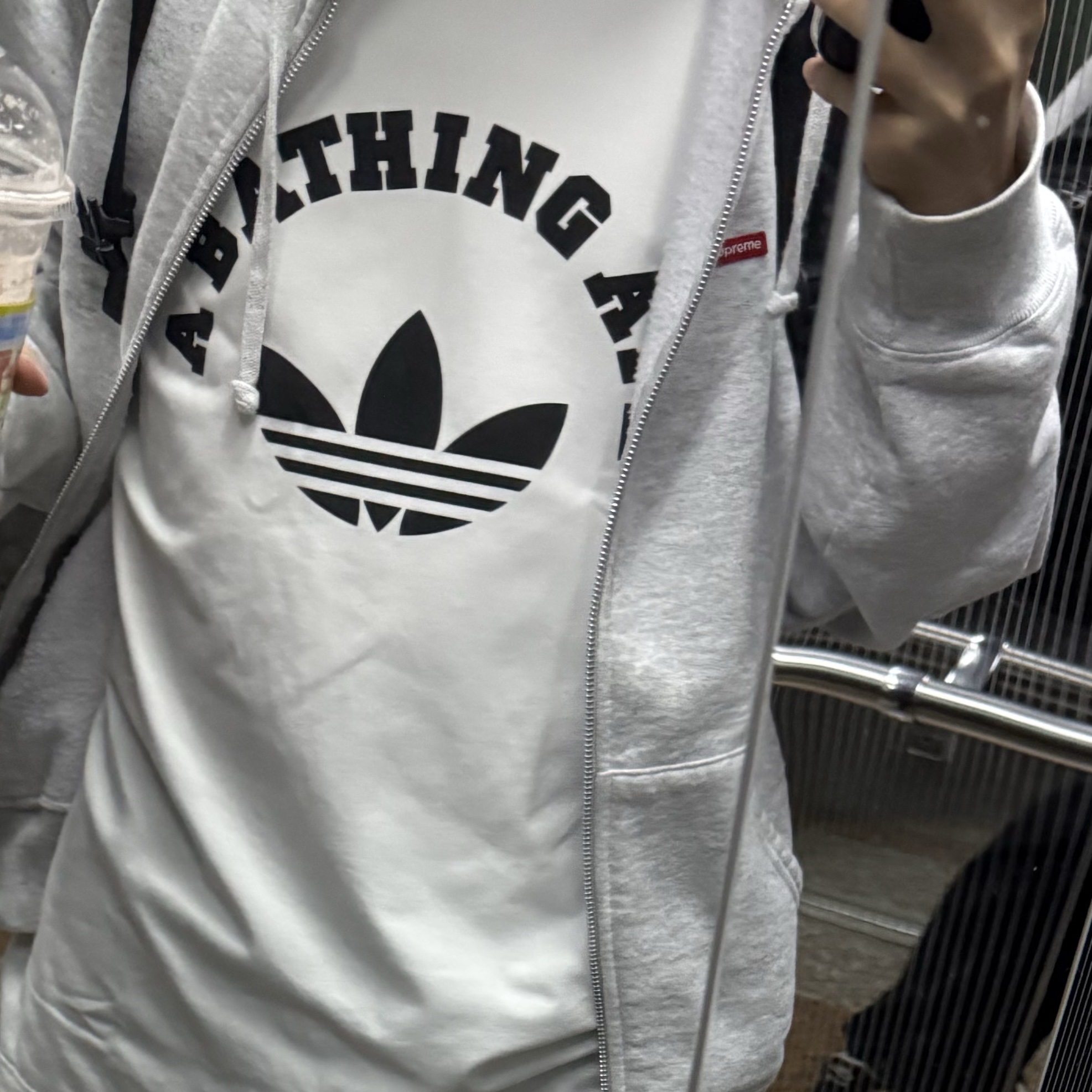 Adidas x BAPE T-Shirt White - KR Sizing, Supreme Small Box Zip Up Hooded Sweatshirt Ash Grey - 24FW 착용 스타일 - 3