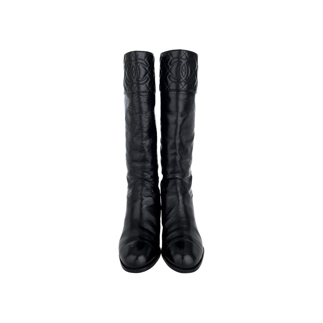 G45201_01 Chanel 23B CC Logo High Boots 38 Black Shiny Calfskin - 대표 이미지 #1
