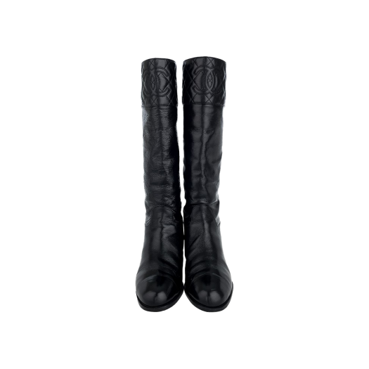 G45201_01 Chanel 23B CC Logo High Boots 38 Black Shiny Calfskin