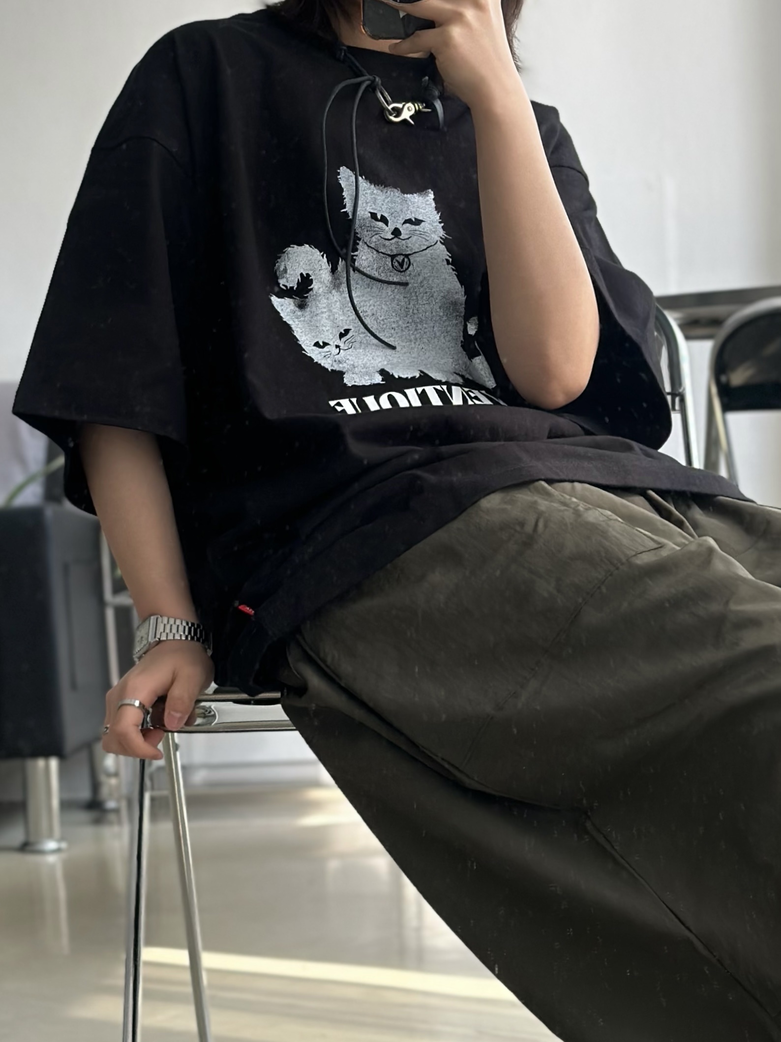 Our Legacy Ladon Leather Keychain Black, Adidas Superstar Core Black White 착용 스타일 - 3