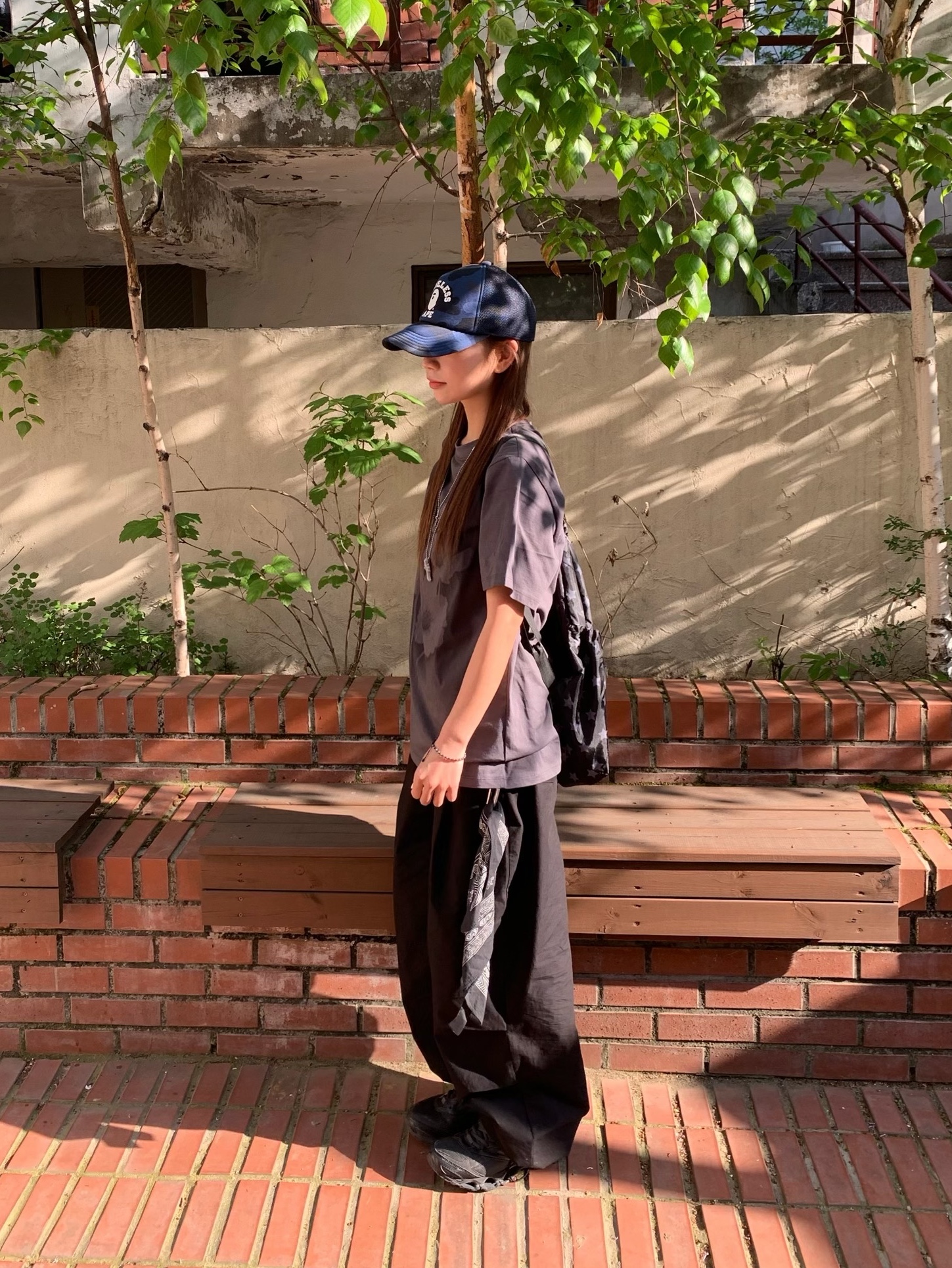 BAPE x JJJJound Color Camo College Mesh Cap Navy 착용 스타일
