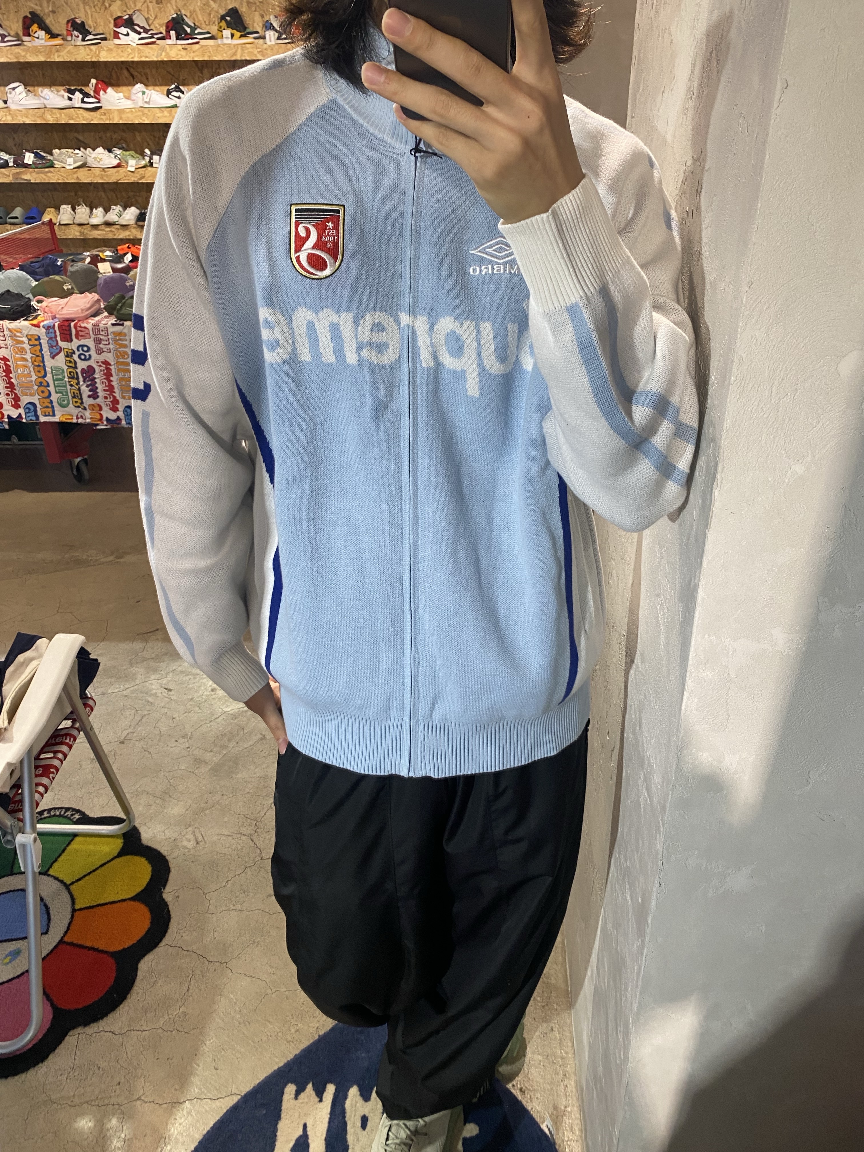 Supreme x Umbro Zip Up Sweater Light Blue - 25SS, Needles x LHP H.D. Nylon Track Pants Black 착용 스타일 - 1