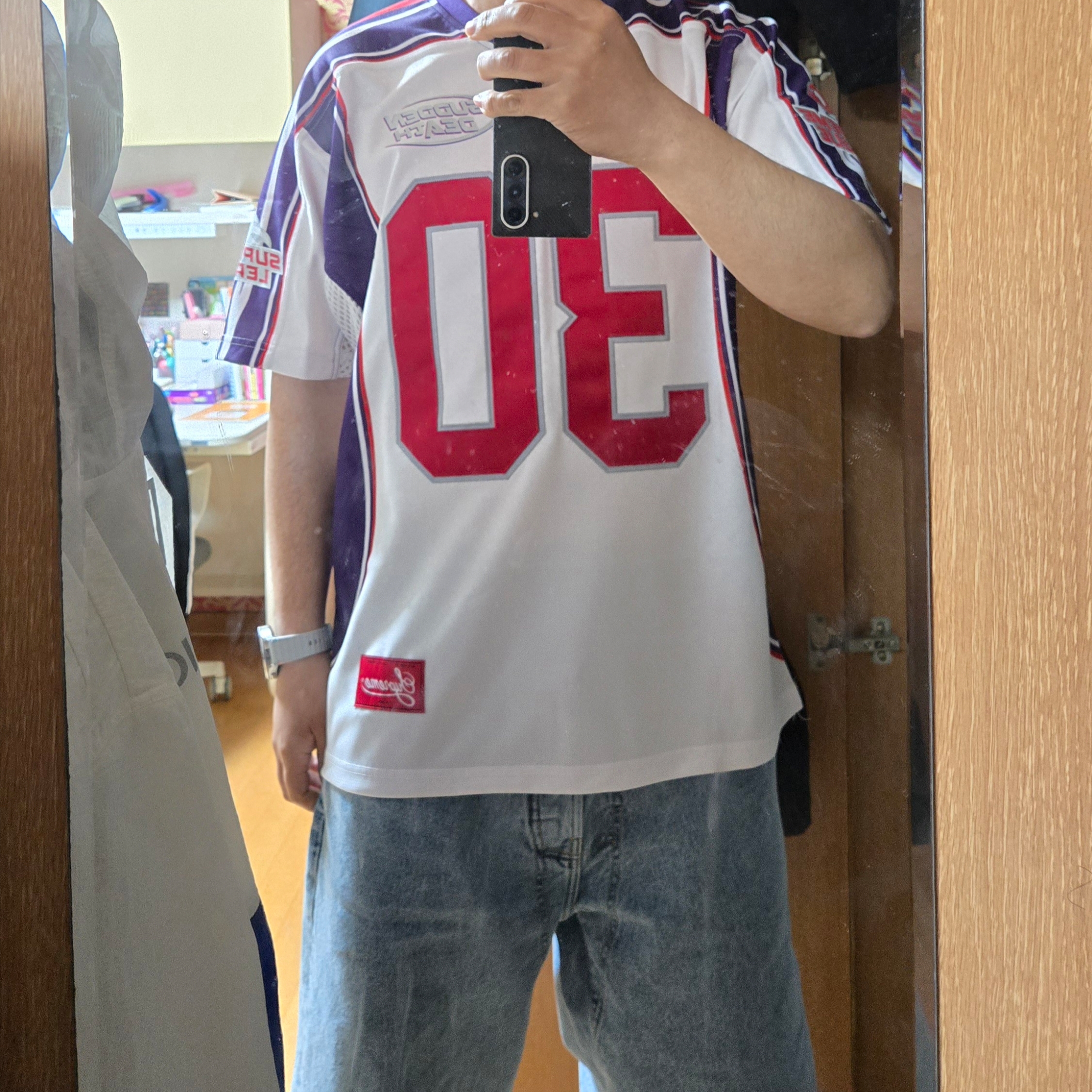 Supreme Sudden Death Football Jersey White - 24SS, Supreme x Marithe Francois Girbaud X-Seam Baggy Denim Shorts Washed Indigo - 25SS 착용 스타일