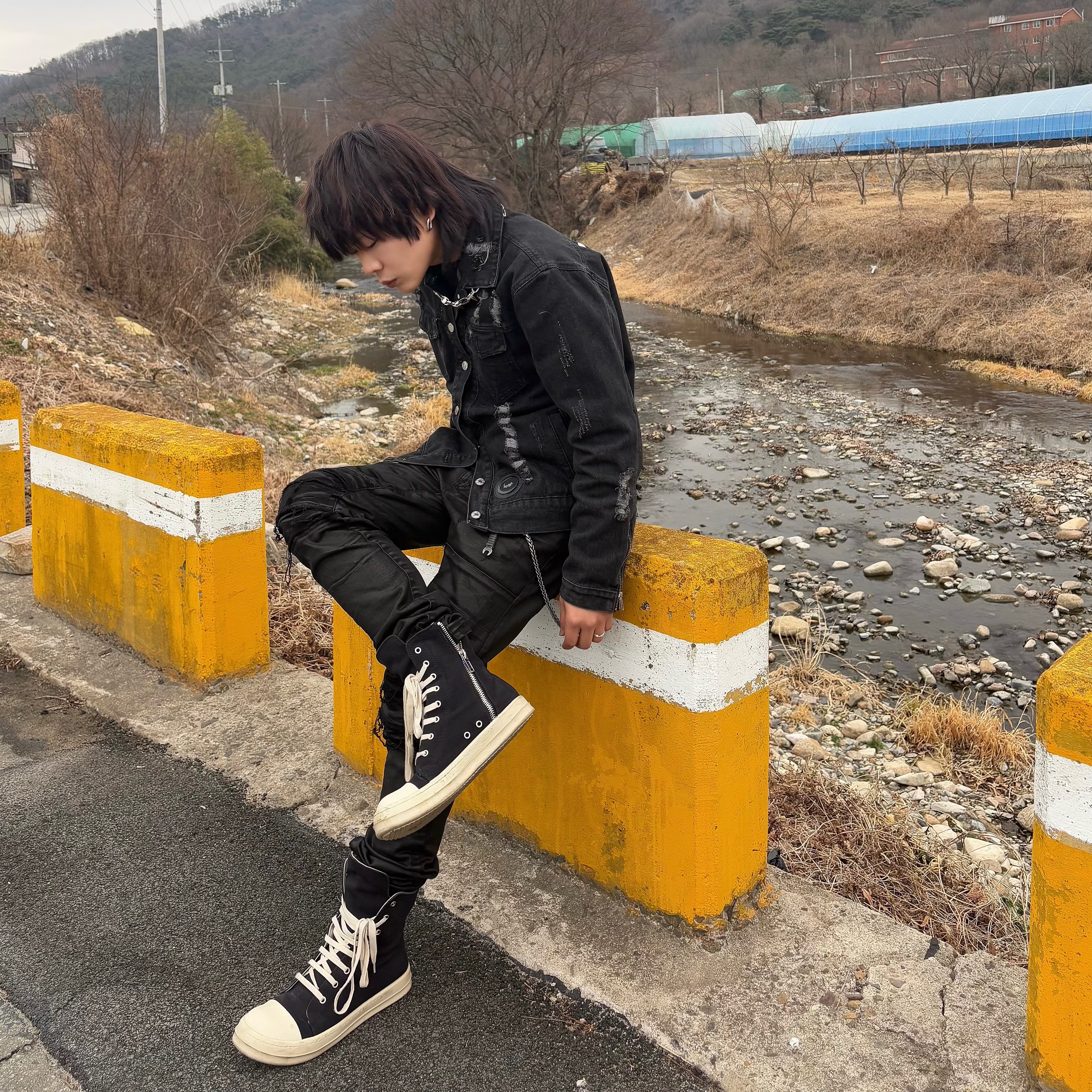 Rick Owens Drkshdw Calf Leather Penta Sneakers Black Milk White 착용 스타일 - 2