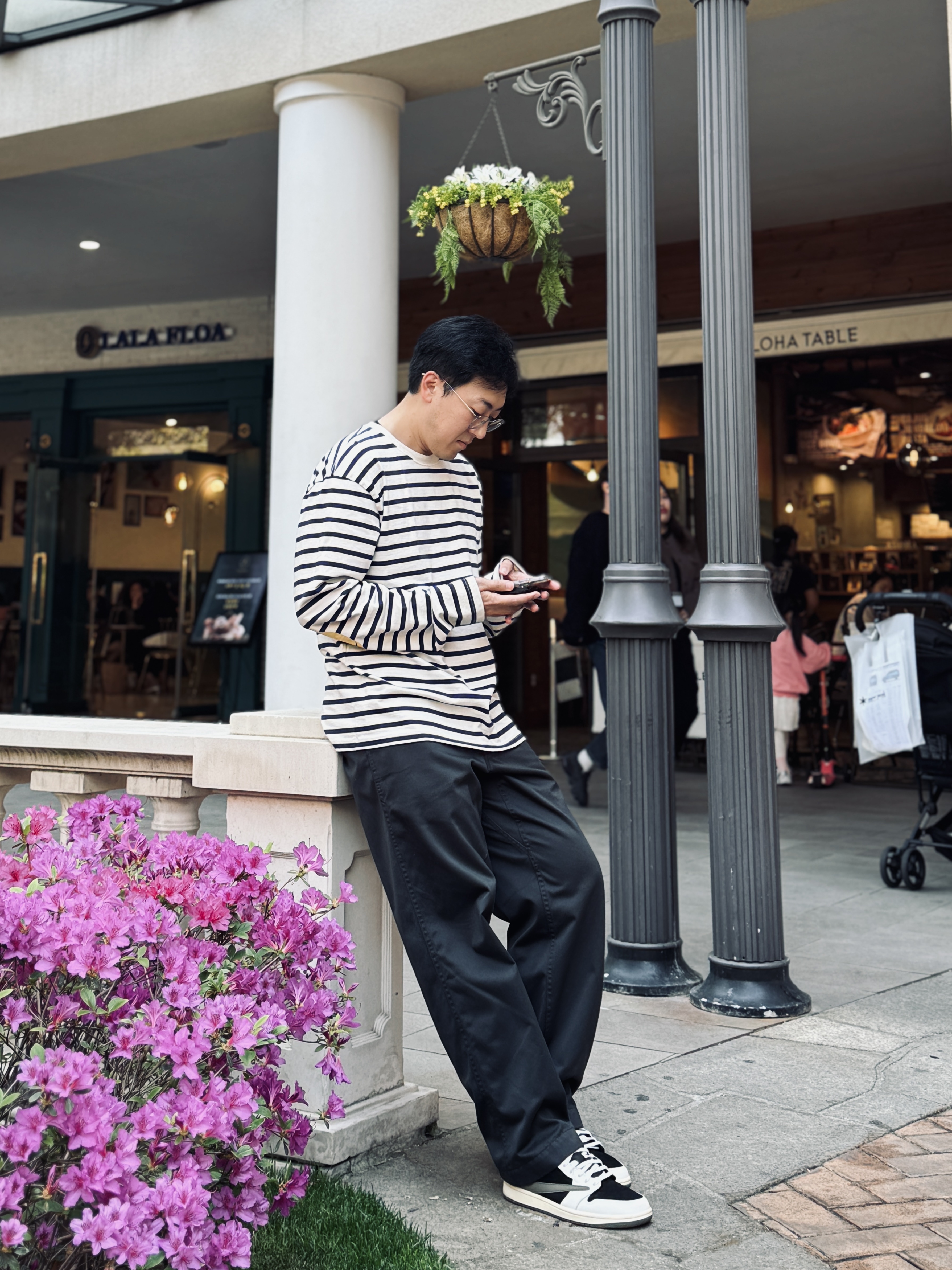 Kapital Border Jersey Crew Long T-Shirt Kinari Blue, Nanamica Wide Chino Pants Grey 착용 스타일 - 1