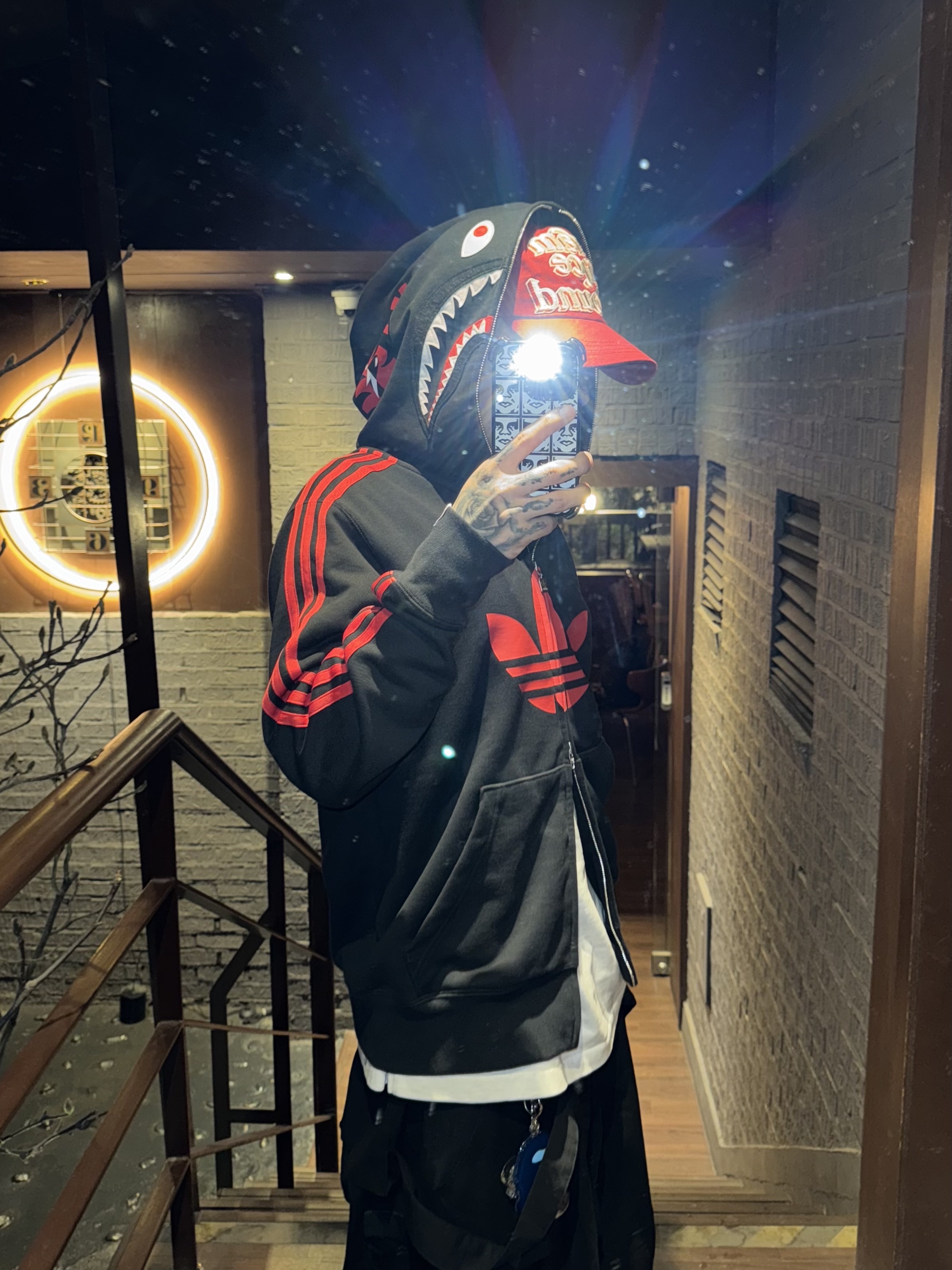Adidas x BAPE Ultimate Shark Hoodie Black - KR Sizing 착용 스타일 - 1