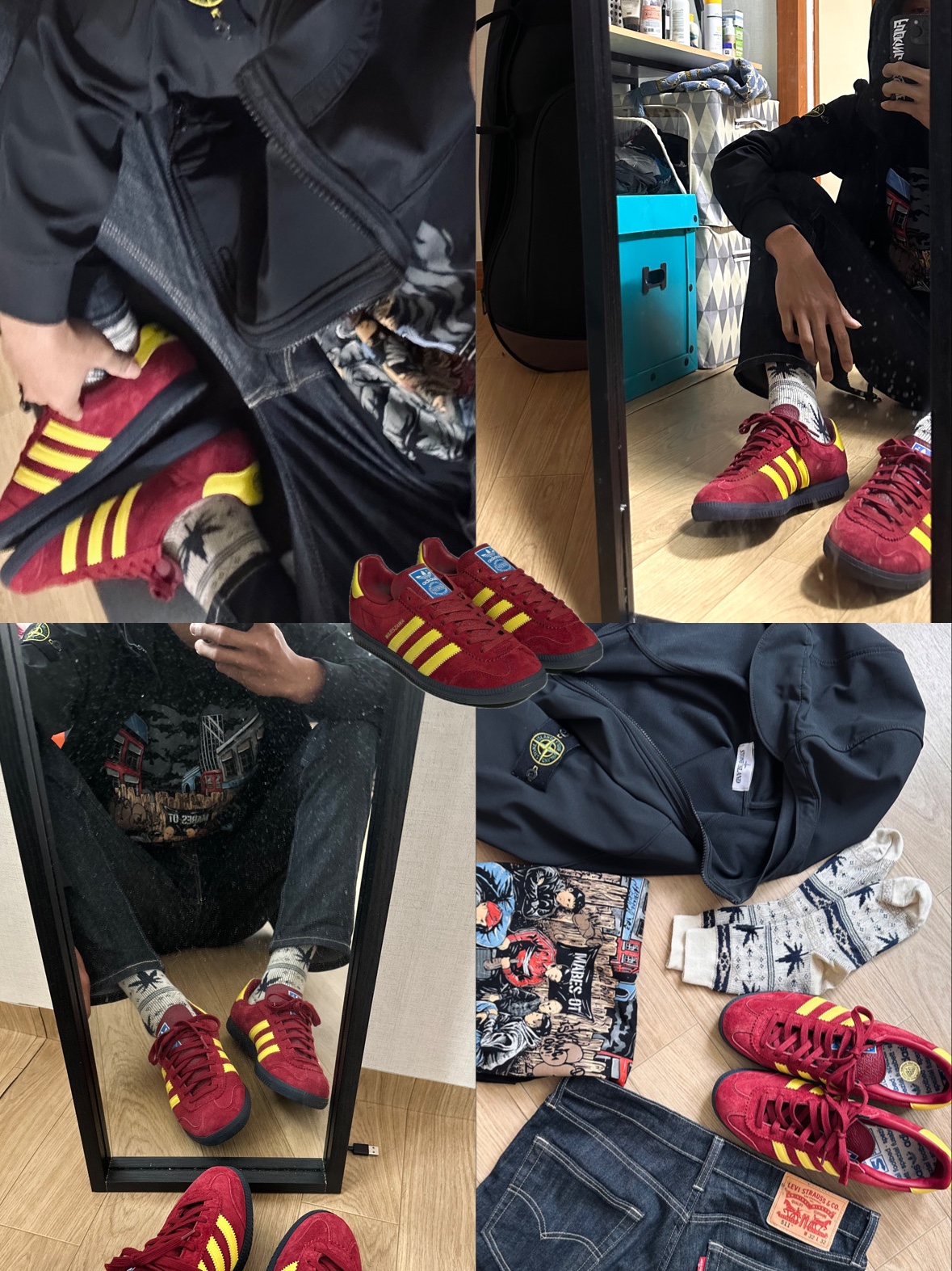 Adidas Warszawa Spezial Noble Maroon, Stone Island Q0122 Soft Shell-R E.DYE Technology Jacket Black - 22FW 착용 스타일 - 1