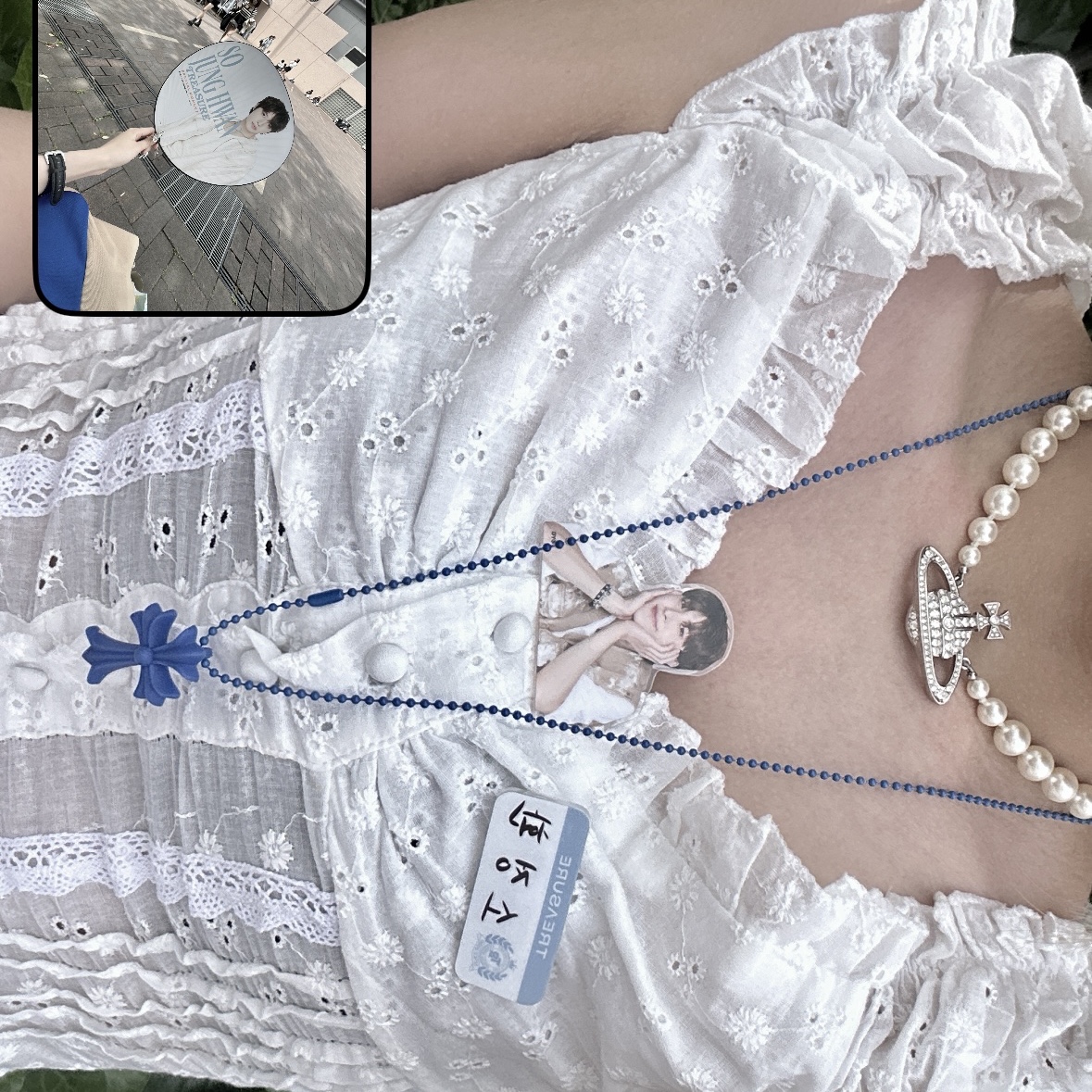 Chrome Hearts Silichrome CH Cross Pendant Blue 2023, Vivienne Westwood One Row Pearl Bas Relief Choker Silver 착용 스타일 - 1