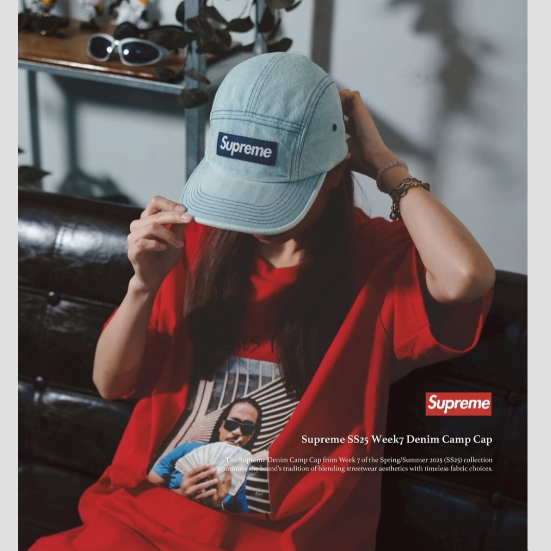 Supreme Denim Camp Cap Pink - 25SS, Supreme Denim Camp Cap Light Washed Indigo - 25SS 착용 스타일 - 3