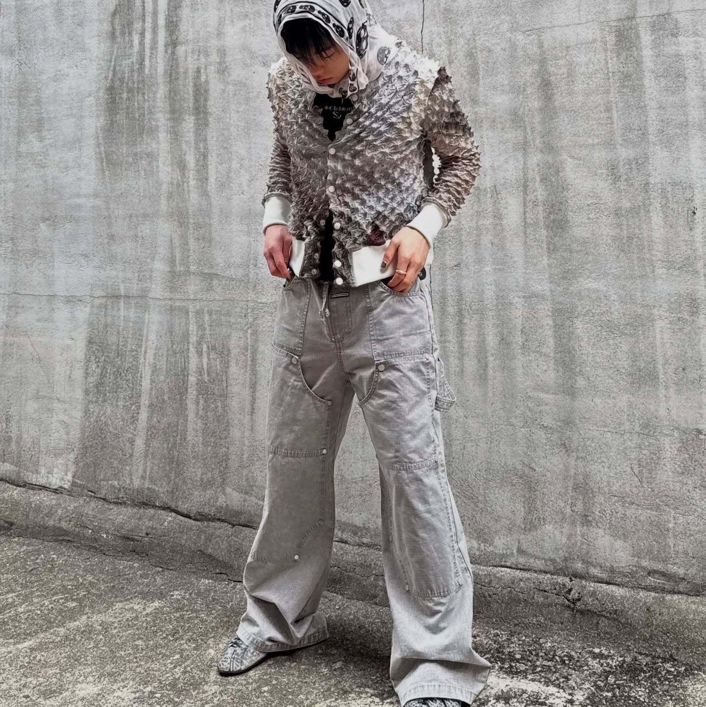 Thevinylhouse Open Double Knee Pants Grey 착용 스타일