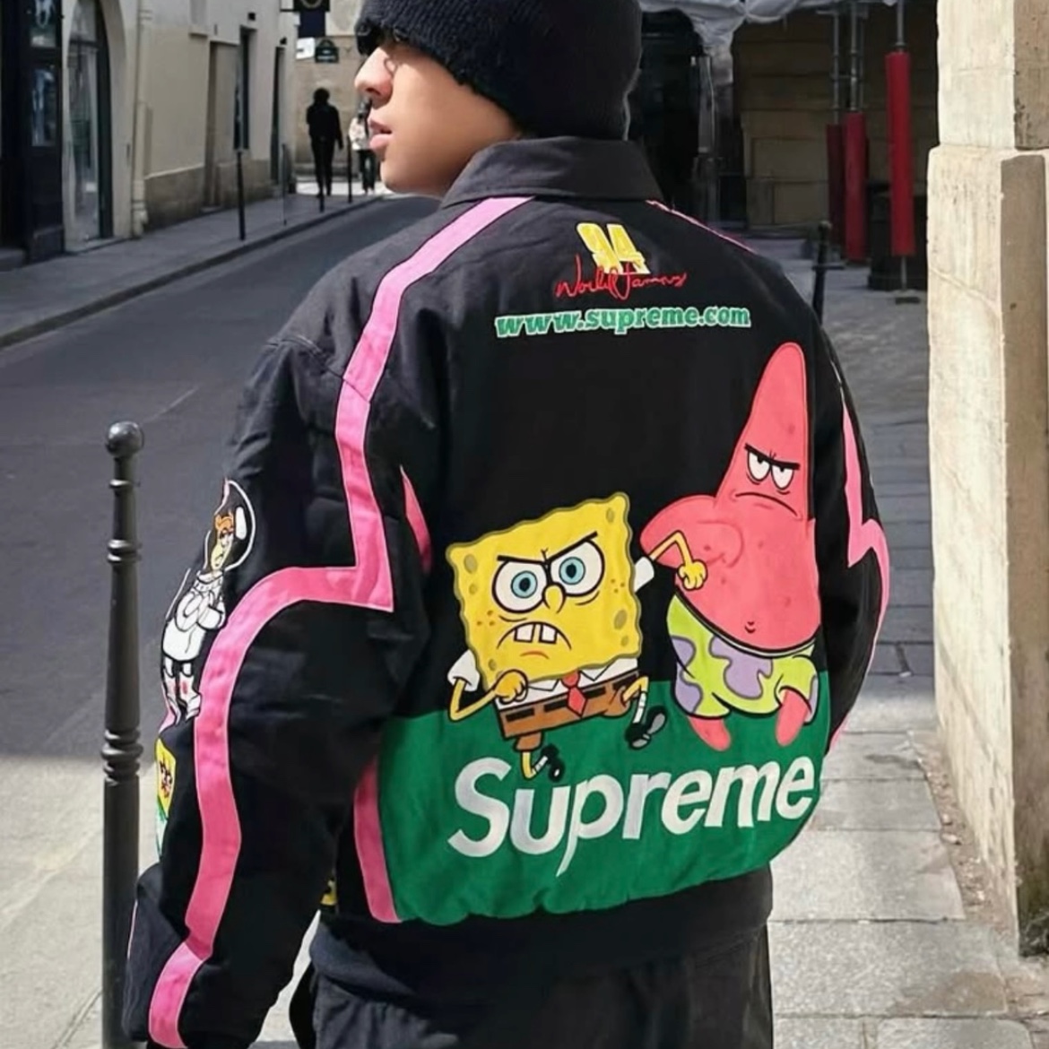 Supreme x SpongeBob SquarePants Jeff Hamilton Racing Jacket Black - 25SS 착용 스타일 - 2